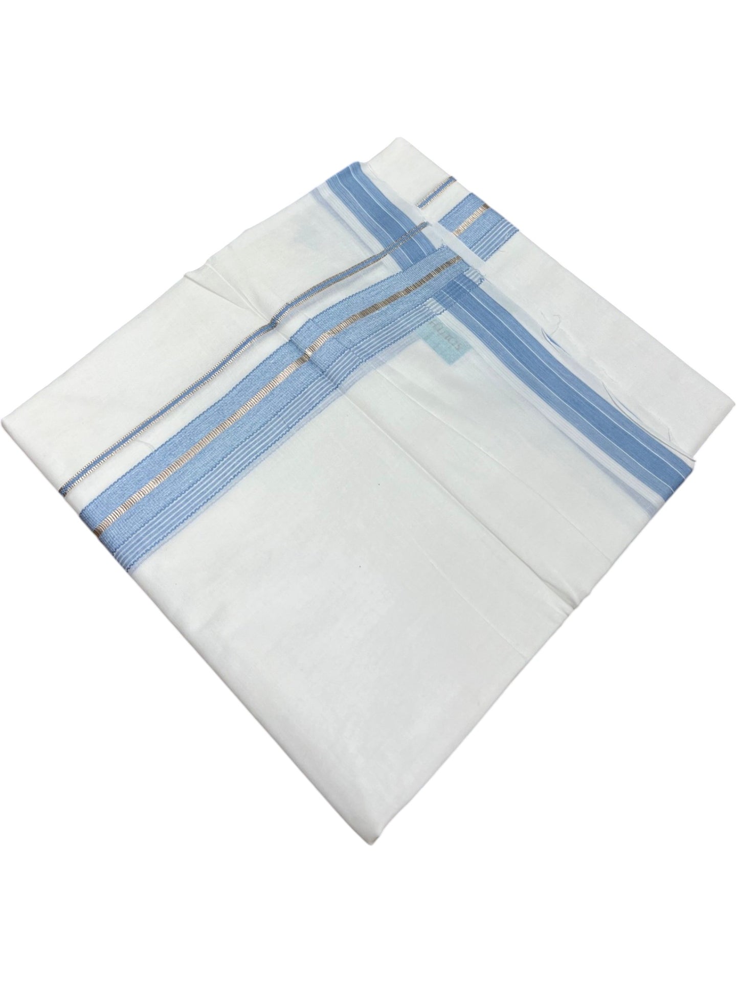 Southloom Kerala Pure White Cotton Double Mundu with Silver Line & Blue Border (South Indian Dhoti)