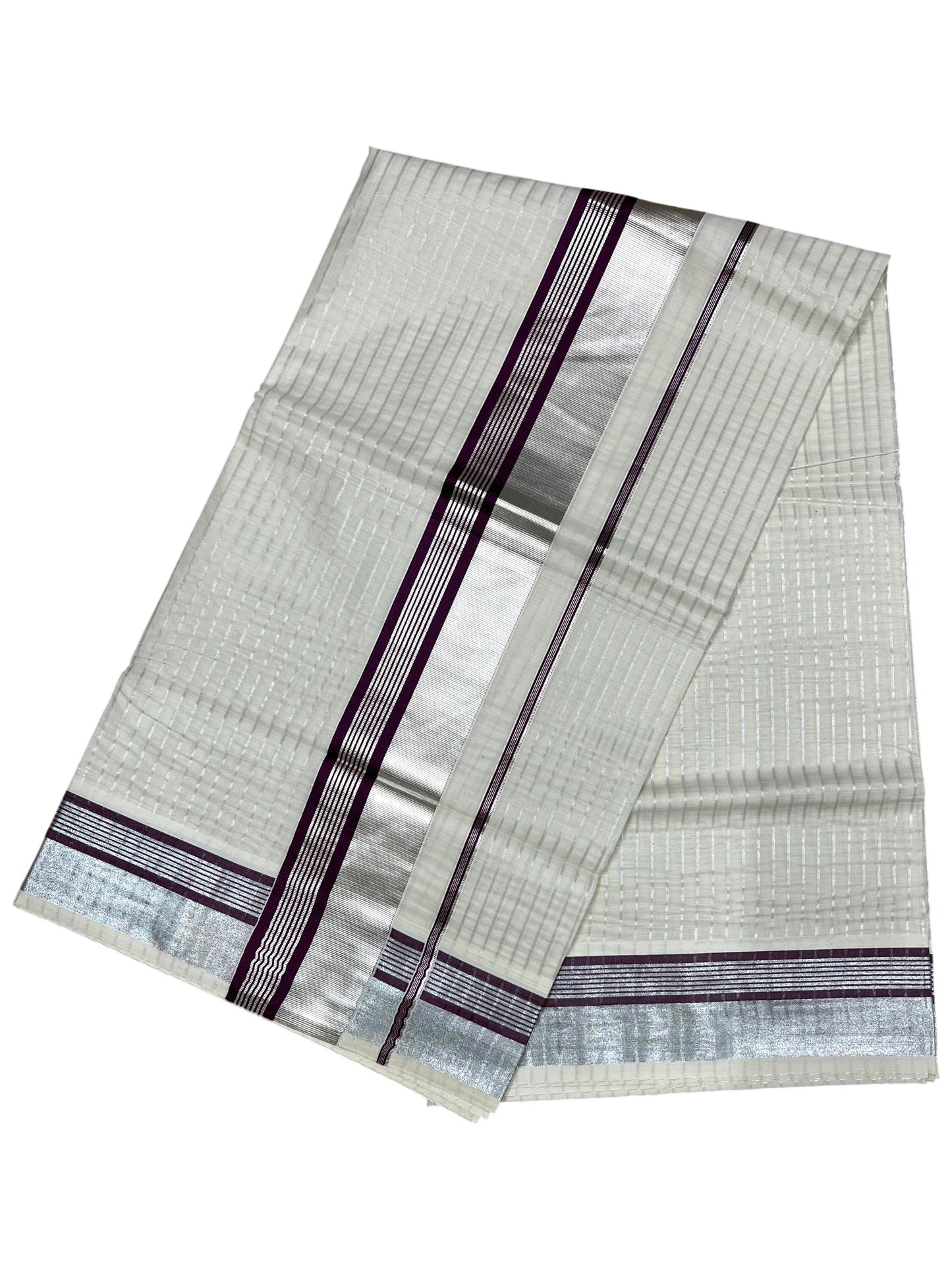 Southloom Pure Cotton Kerala Silver Kasavu Lines Saree with Purple and Silver Border