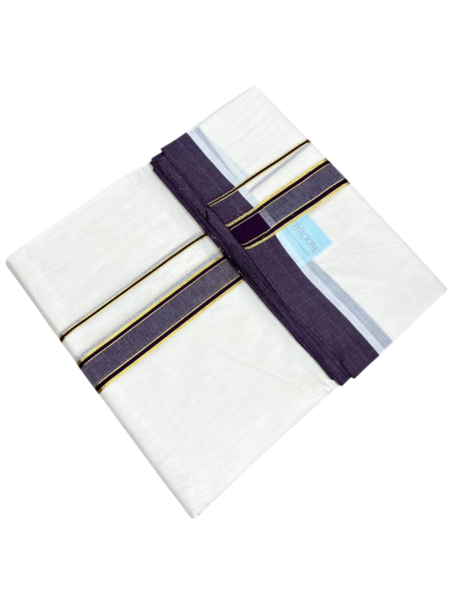Southloom Pure Cotton Mundu with Gold Lines and purple Border (South Indian Kerala Dhoti)