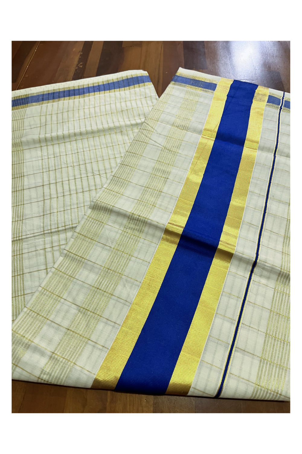 Kerala Pure Cotton Kasavu Check Designs Saree with Blue Border