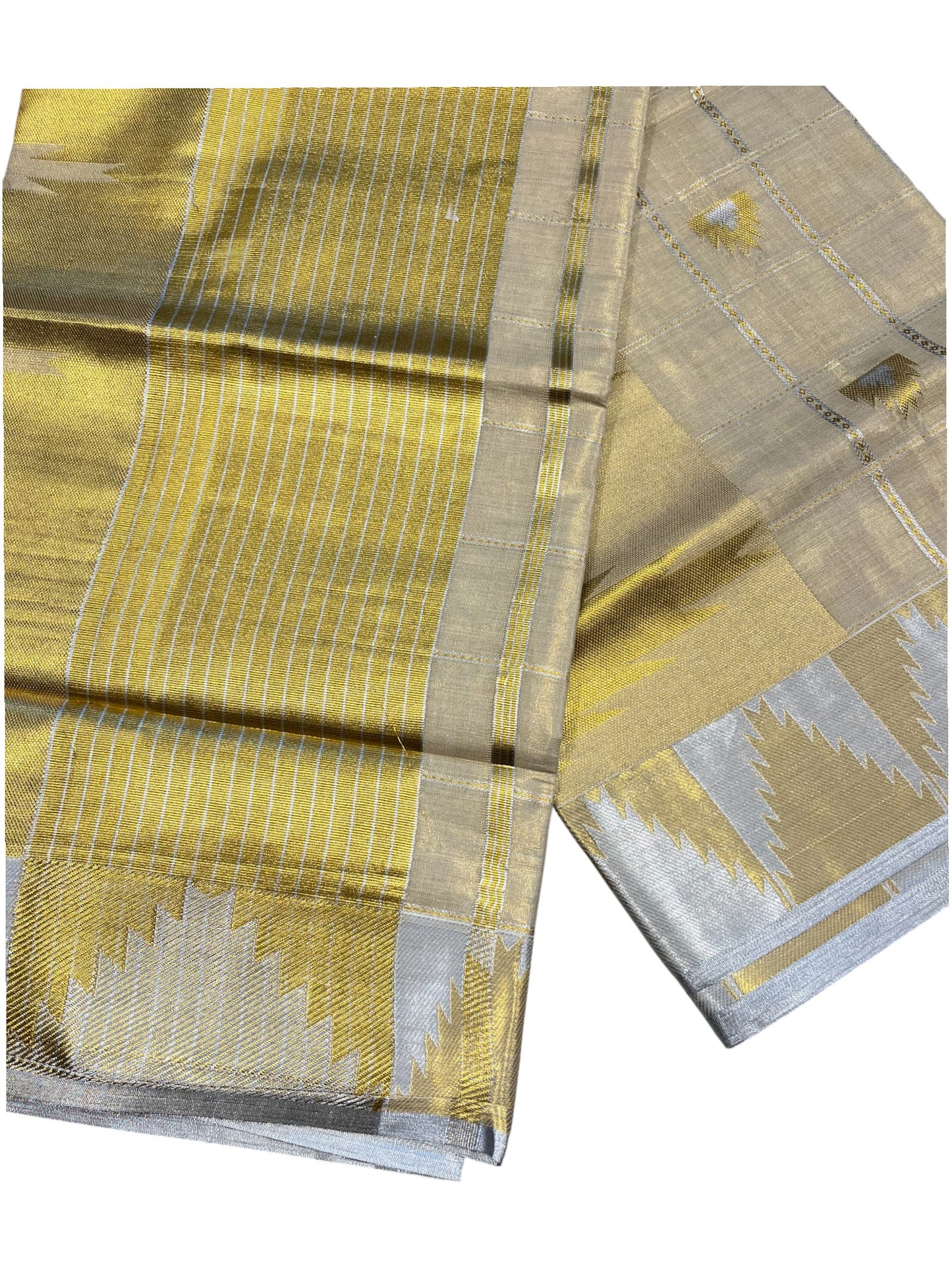 Southloom Kerala Tissue Kasavu Check Saree with Temple Border