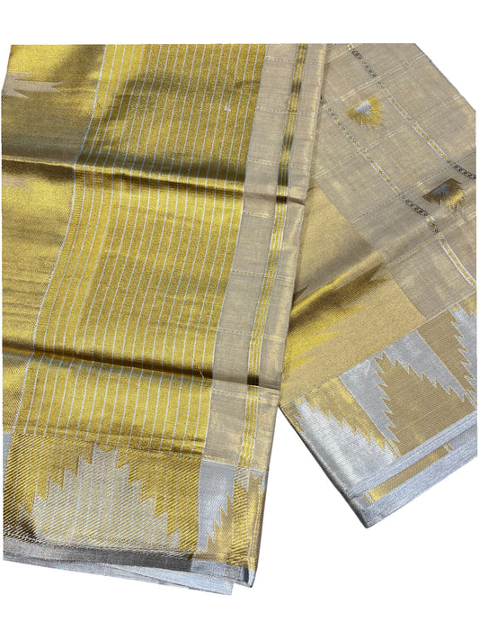 Southloom Kerala Tissue Kasavu Check Saree with Temple Border