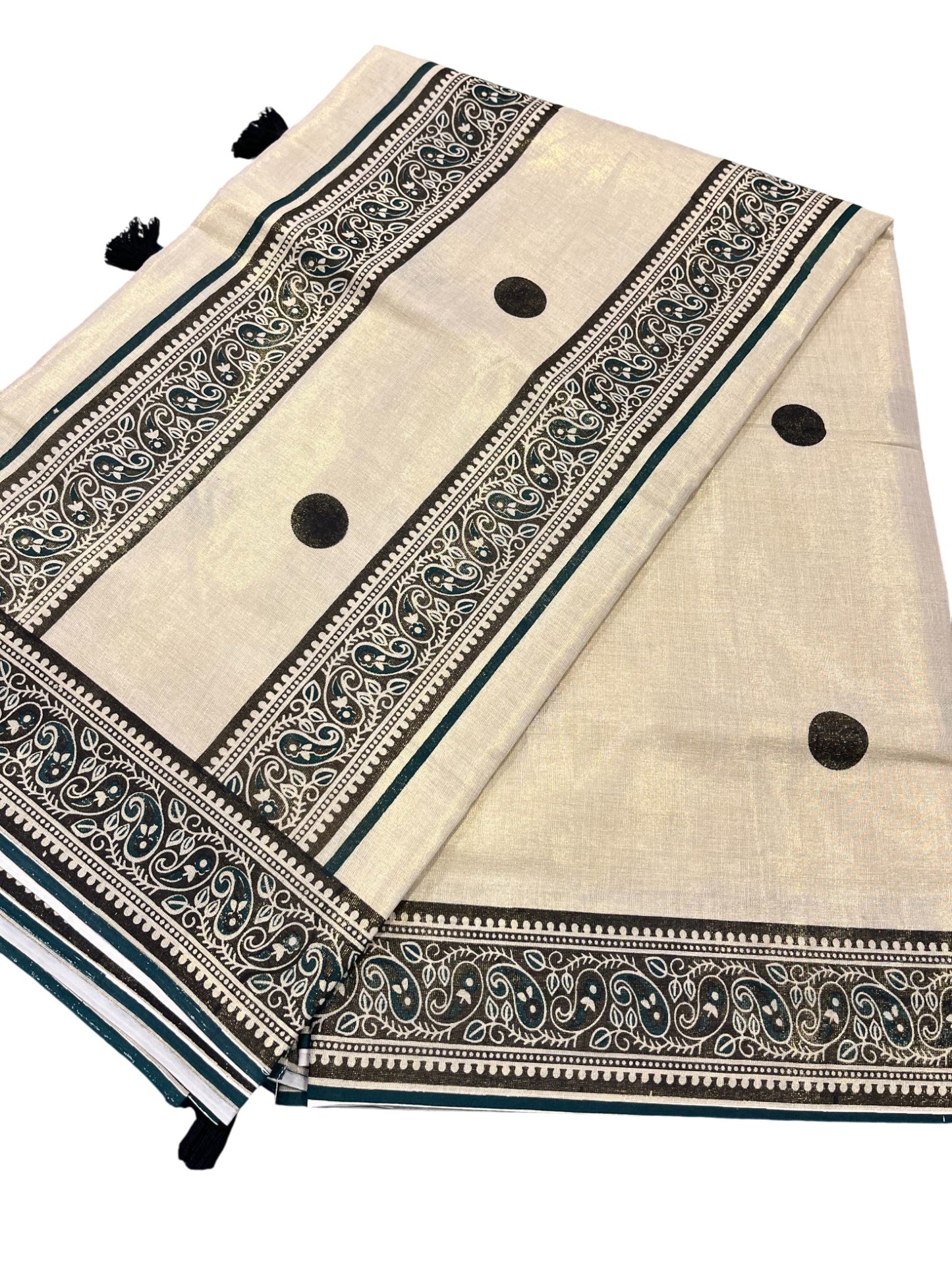 Southloom Kerala Tissue Kasavu Saree With Black Polka Dots on Body