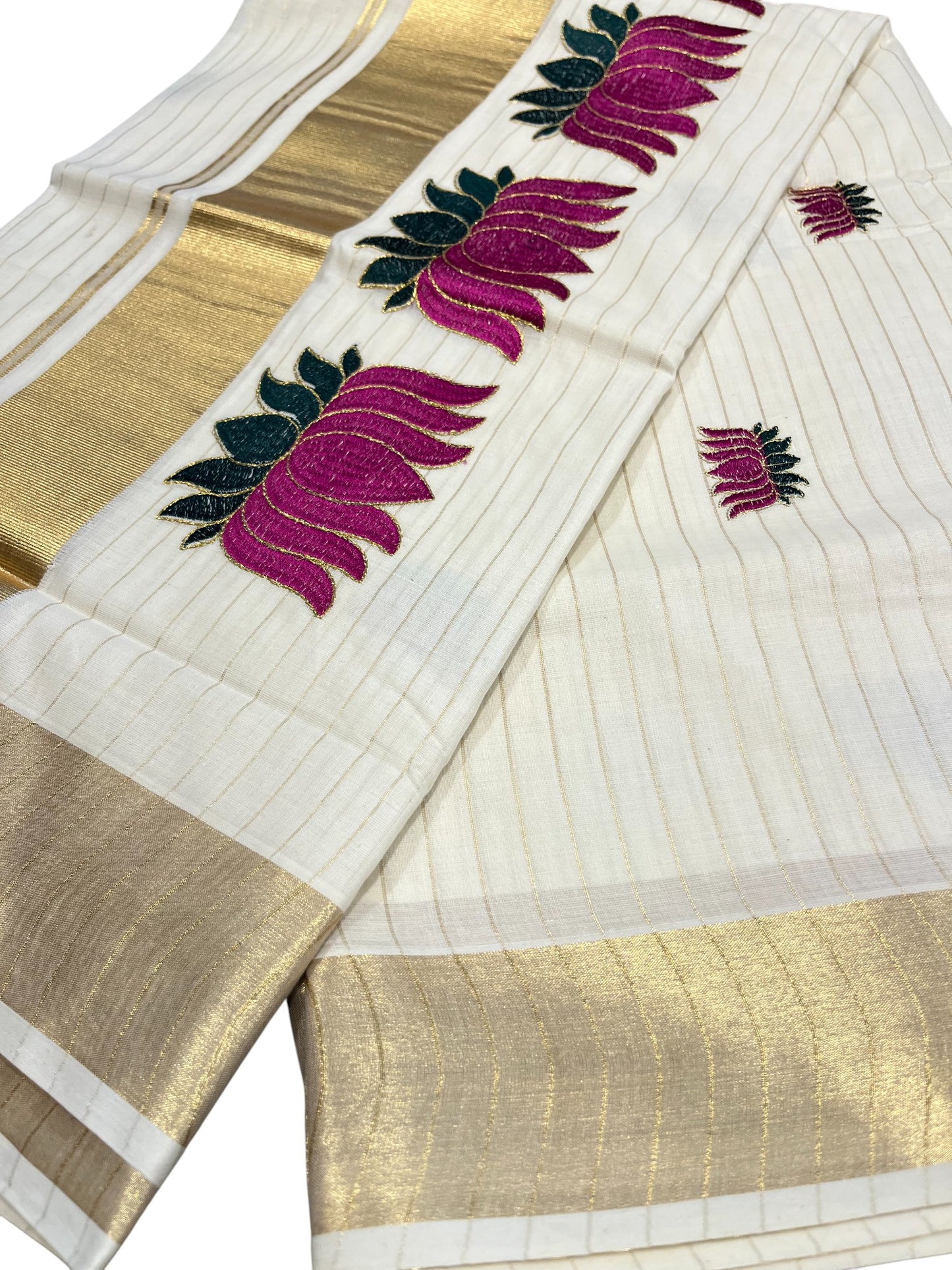 Southloom Kerala Cotton Kasavu Line Saree with Magenta Lotus Embroidery Works