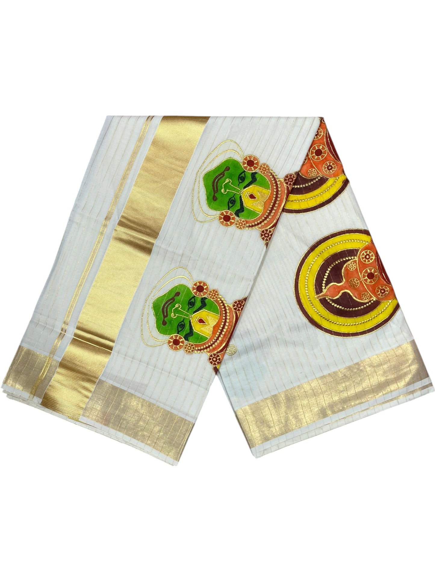 Southloom Kerala Cotton Kasavu Lines Saree with Kathakali Embroidery Design SL339