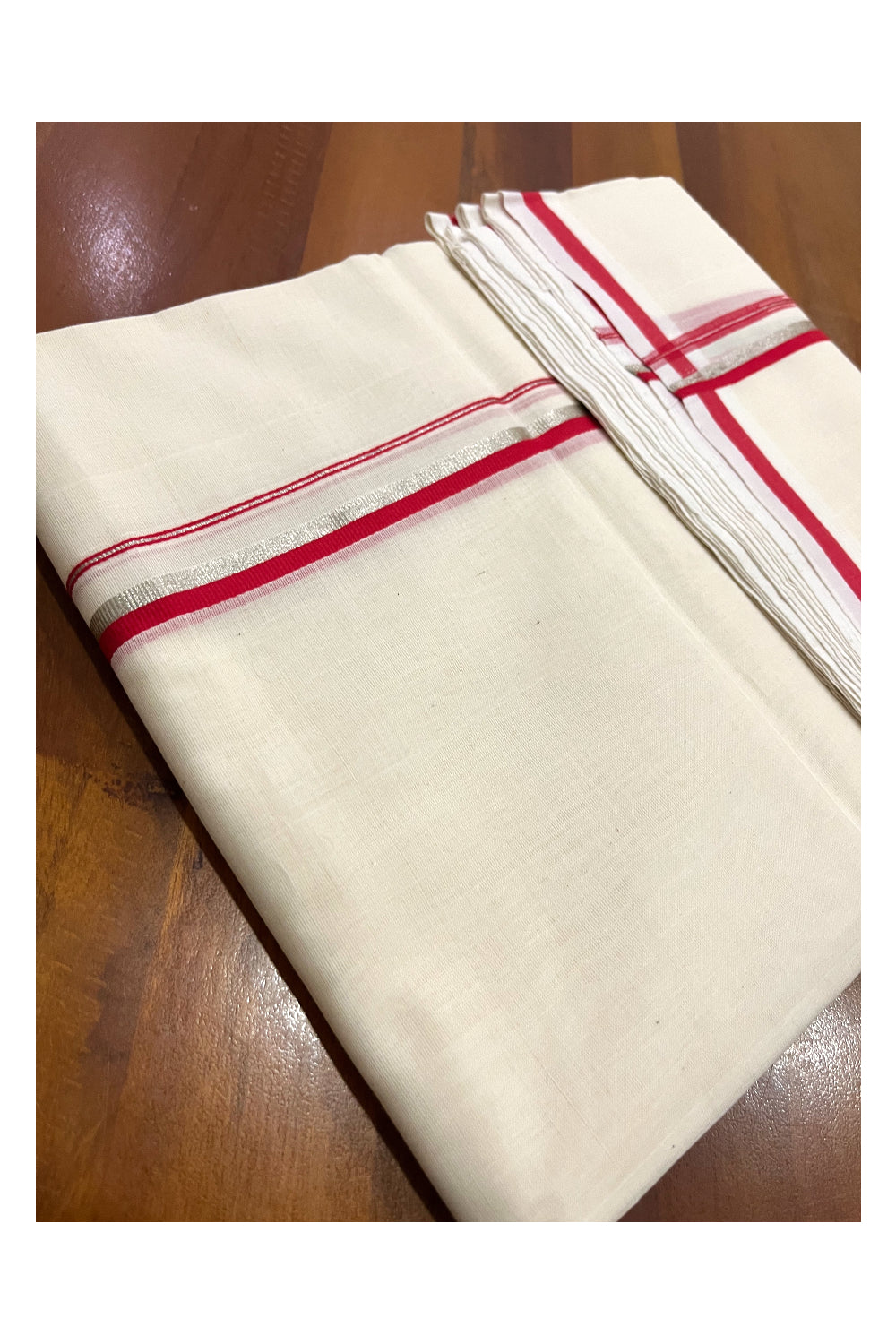 Southloom Premium Balaramapuram Unakkupaavu Handloom Mundu with Red and Silver Kasavu Border (South Indian Kerala Dhoti)