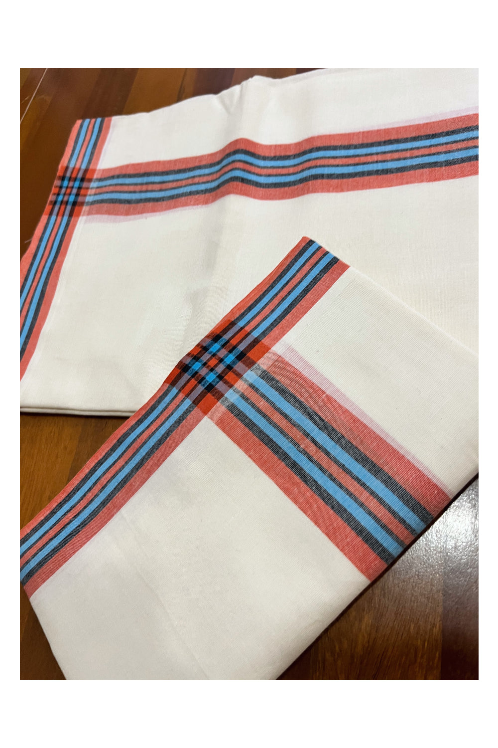 Kerala Cotton Mulloth Mundum Neriyathum Single (Set Mundu) with Orange Blue Border (Extra Soft Cotton) 2.80 Mtrs