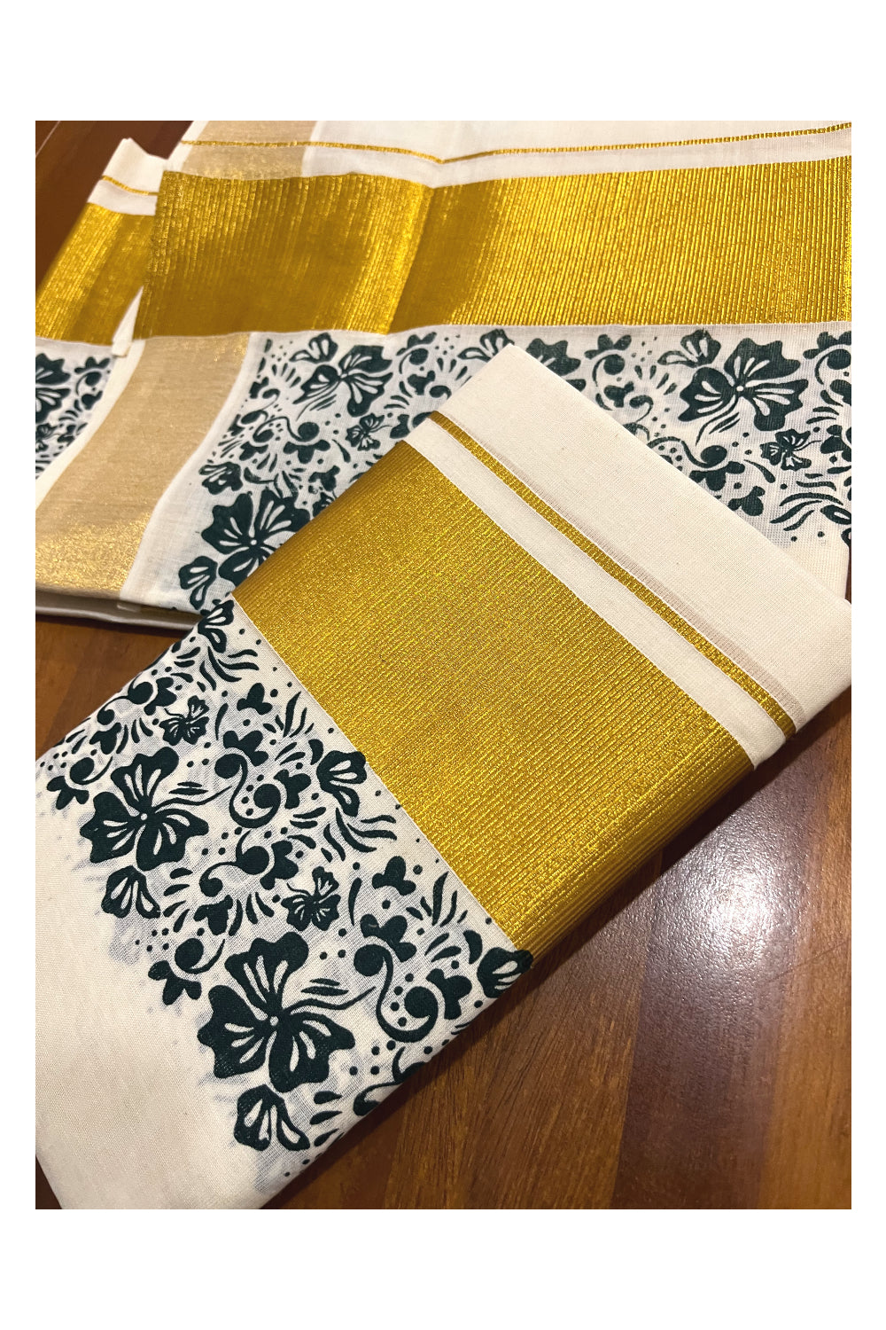 Pure Cotton Kerala Single Set Mundu (Mundum Neriyathum) with Dark Green Block Printed Kasavu Border