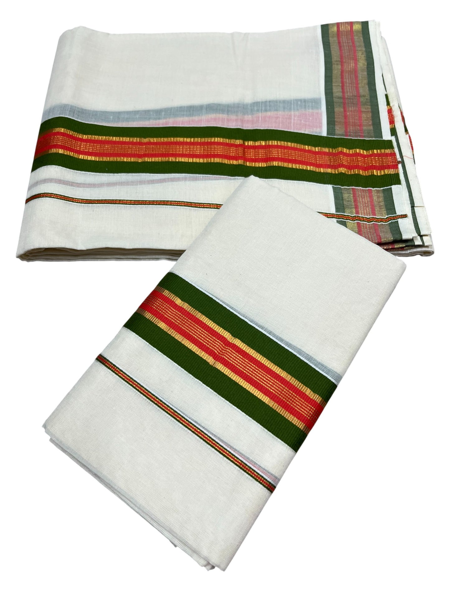 Kerala Cotton Single Set Mundu (Mundum Neriyathum) with Green and Orange Kasavu Border in 2.80 Mtrs