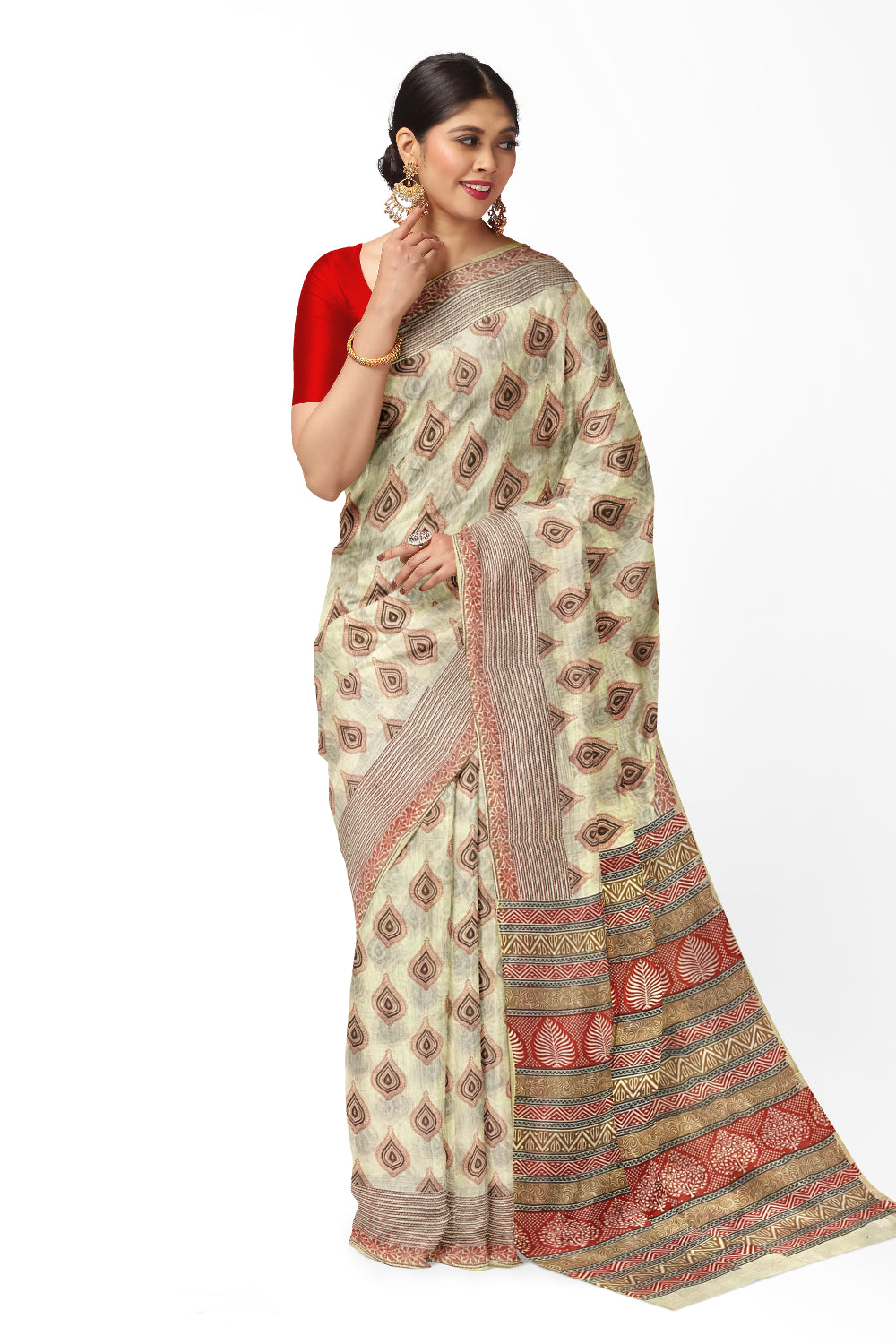 Southloom Cotton Light Brown Saree with Orange Paisley Prints