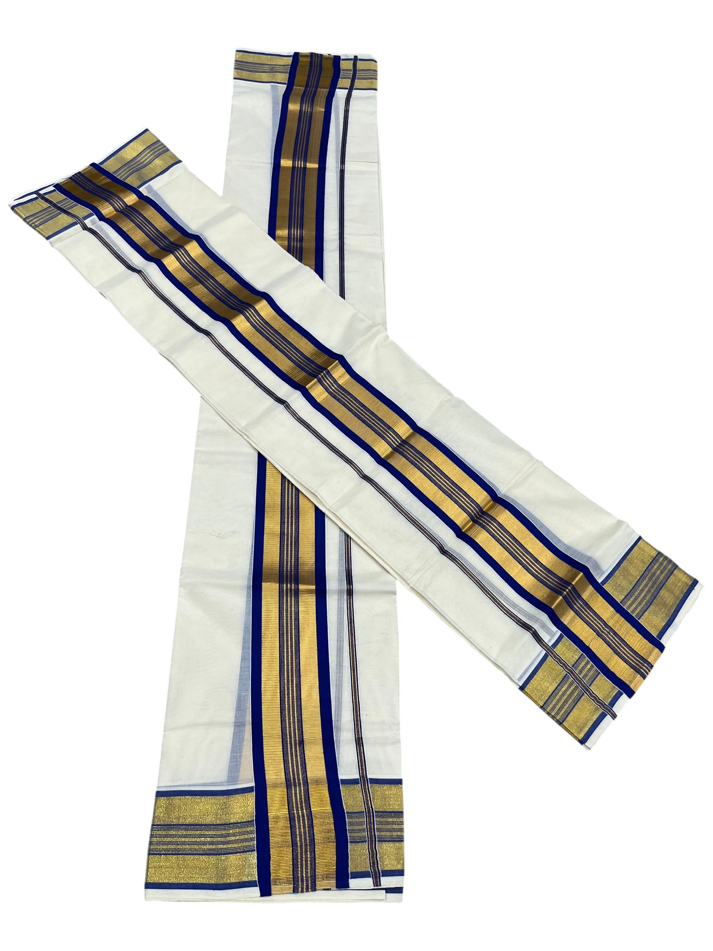 Southloom Pure Cotton Kerala  Set Mundu (Mundum Neriyathum) Single with Blue and Kasavu Border 2.80 Mtrs SLKK SL522