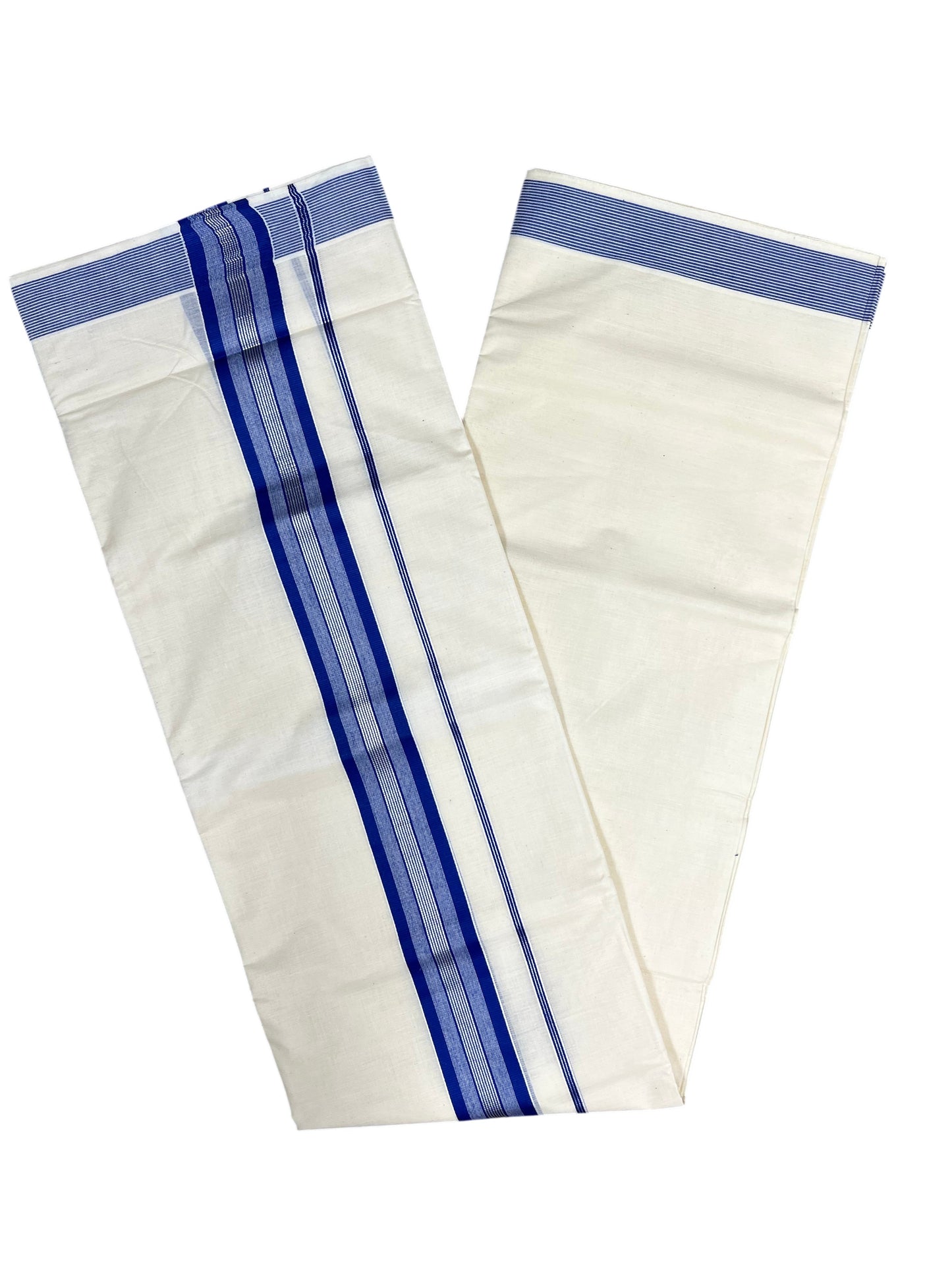 Southloom Pure Cotton Mundu with Silver Lines and Blue Border (South Indian Kerala Dhoti)