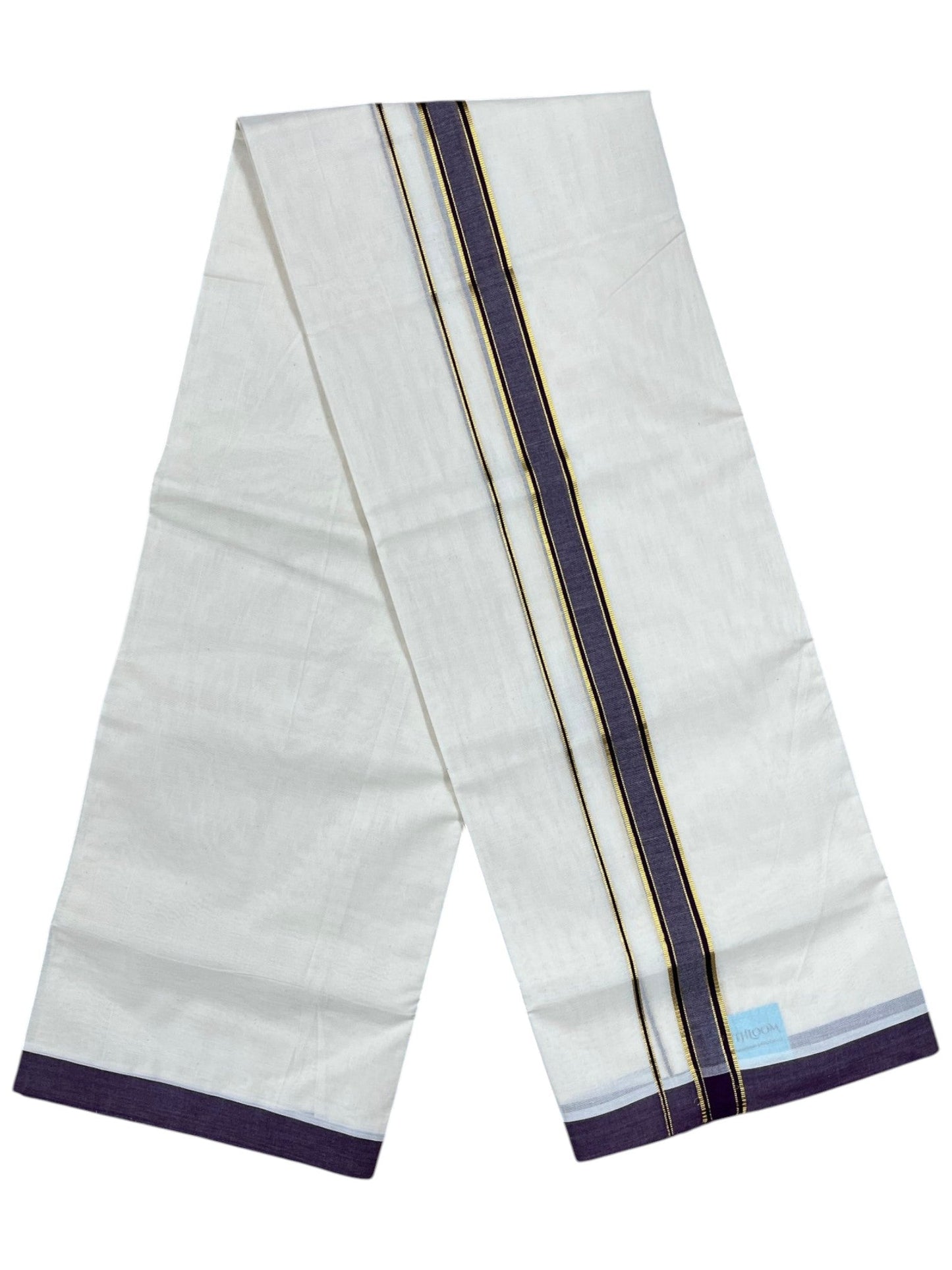 Southloom Pure Cotton Mundu with Gold Lines and purple Border (South Indian Kerala Dhoti)