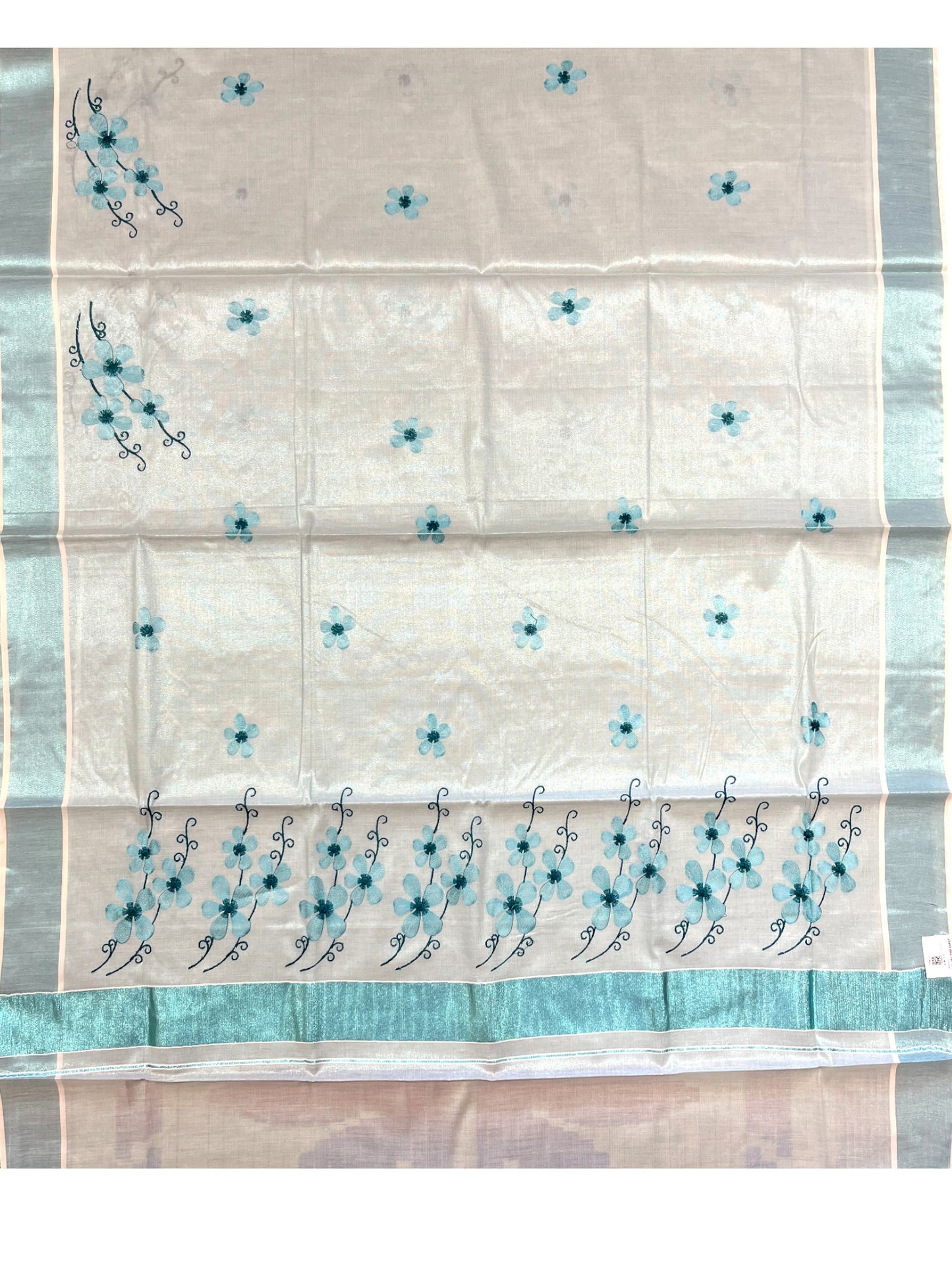 Southloom Kerala Tissue Kasavu Saree with Blue Floral Embroidery on Body and Border