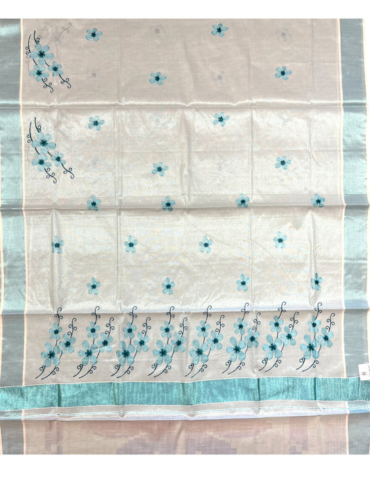 Southloom Kerala Tissue Kasavu Saree with Blue Floral Embroidery on Body and Border