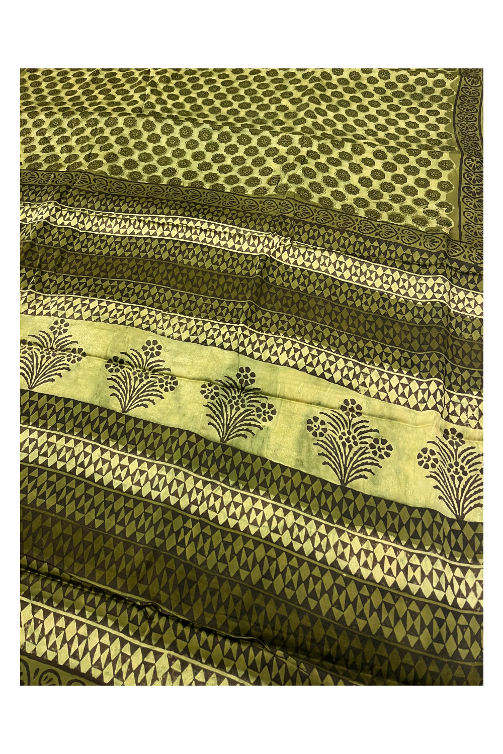 Southloom Modal Silk Olive Green Designer Saree with Floral Prints on Body