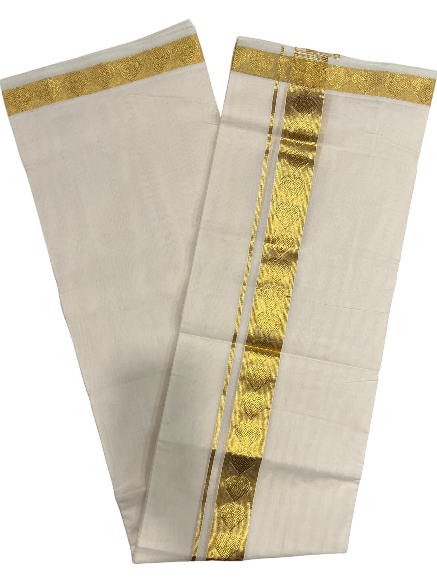 Southloom Premium Handloom Cotton Double Mundu with Gold And Woven Work Kasavu Border