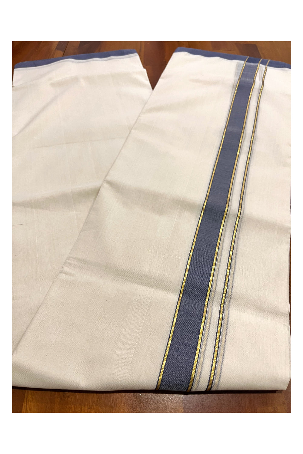 Southloom Premium Balaramapuram Unakkupaavu Handloom Mundu with Kasavu and Blue Border (South Indian Kerala Dhoti)