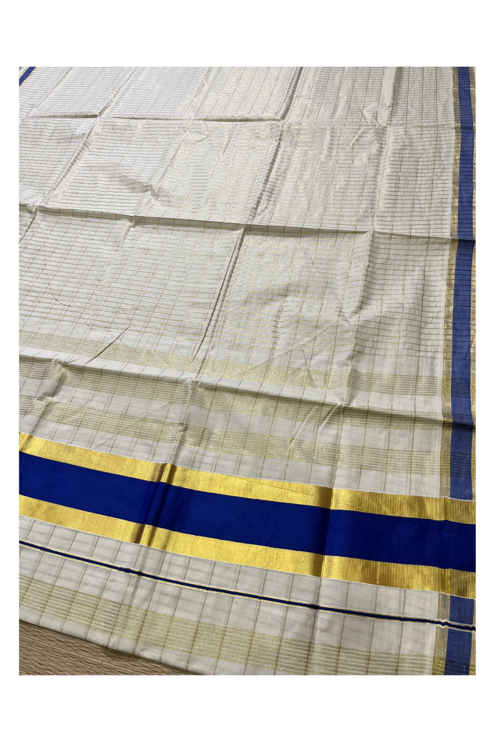 Kerala Pure Cotton Kasavu Check Designs Saree with Blue Border