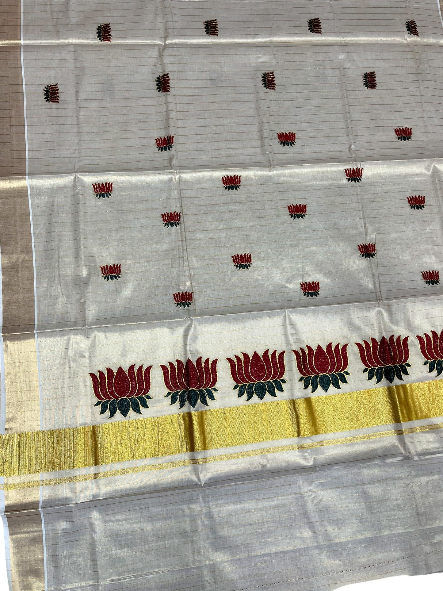 Southloom Kerala Tissue Lines Kasavu Saree with Maroon And Green Lotus Embroidery Works