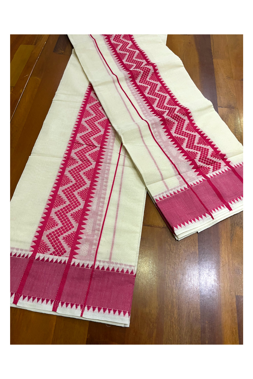 Kerala Cotton Single Set Mundu (Mundum Neriyathum) with Pink Woven Designs on Border - 2.80Mtrs