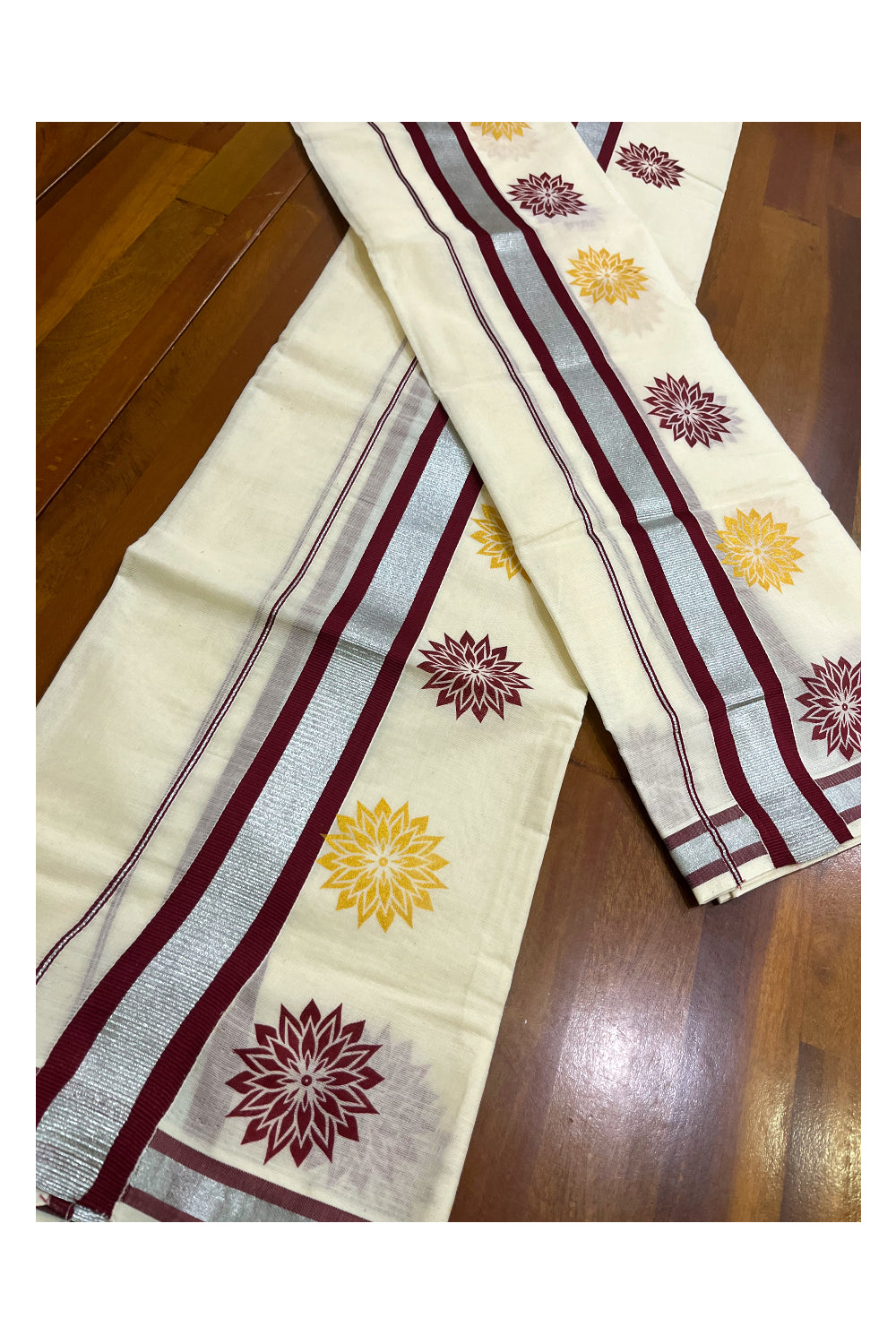 Kerala Cotton Mundum Neriyathum Single (Set Mundu) with Maroon Golden Floral Block Prints in Maroon Silver Kasavu Border