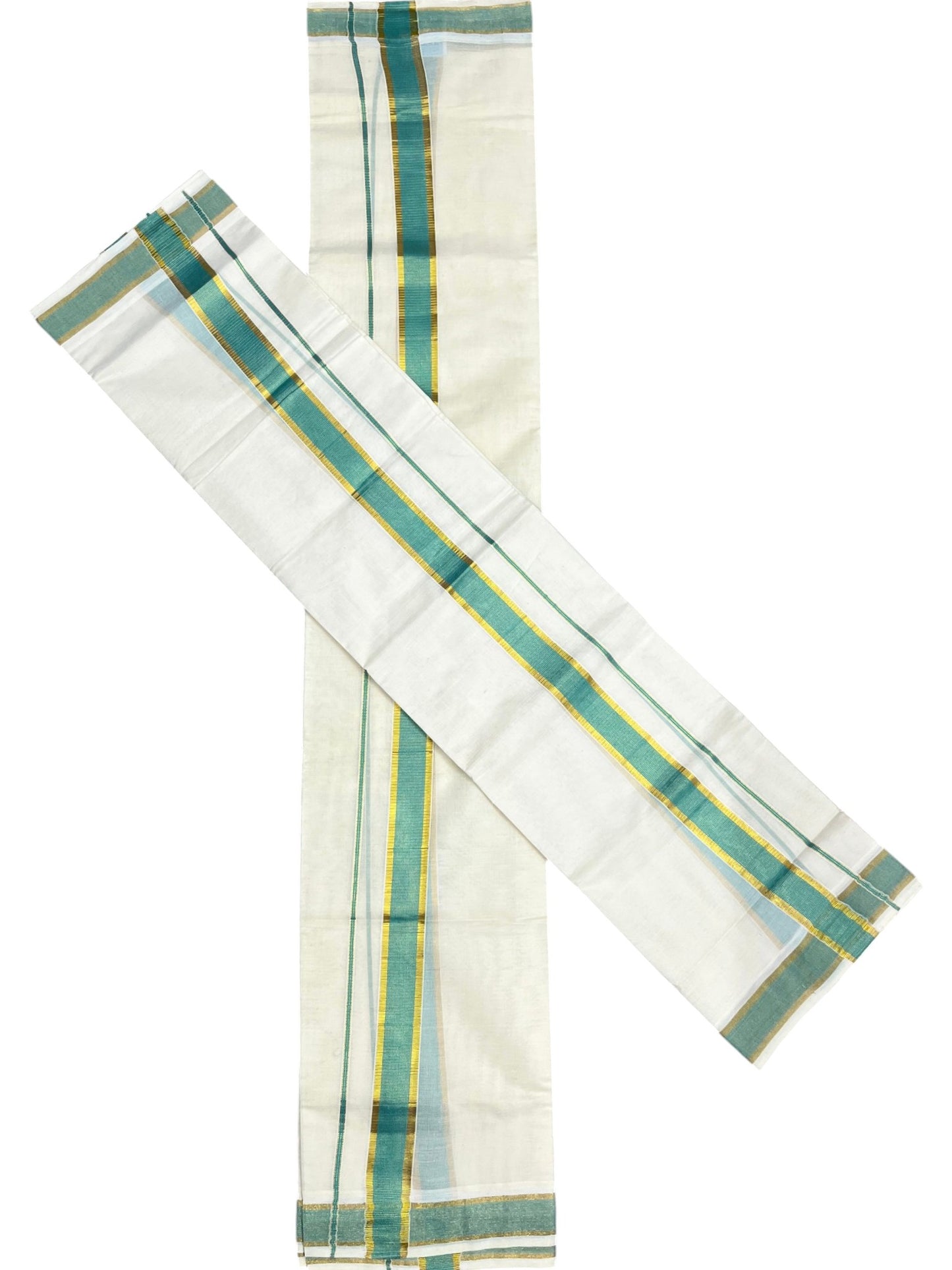 Southloom Pure Cotton Kerala Kasavu Set Mundu (Mundum Neriyathum) Kasavu & Turquoise Blue Border in 2.80 Mtrs SLKK SL470