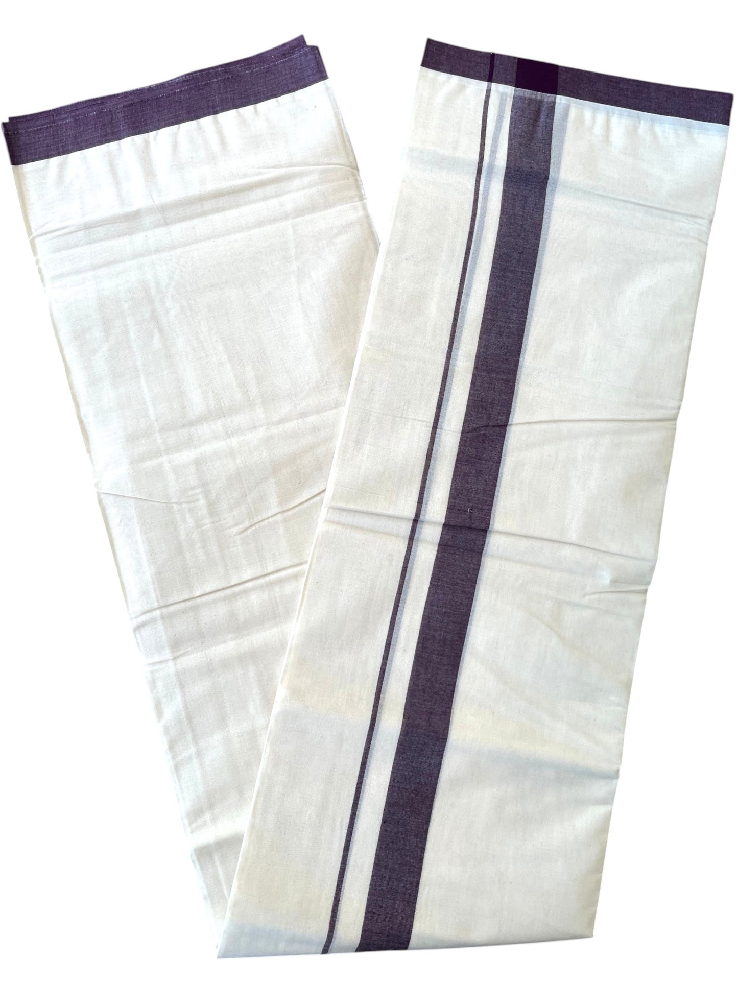 Southloom Kerala Pure Cotton Double Mundu with Purple Border (South Indian Kerala Dhoti)