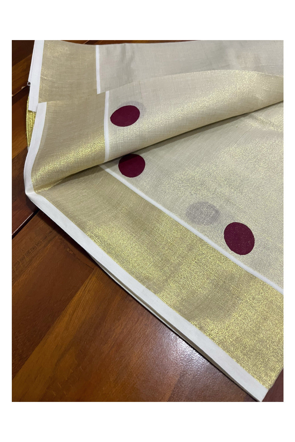 Kerala Tissue Kasavu Set Mundu (Mundum Neriyathum) with Maroon Polka Designs 2.80 Mtrs (Onam Set Mundu 2023)