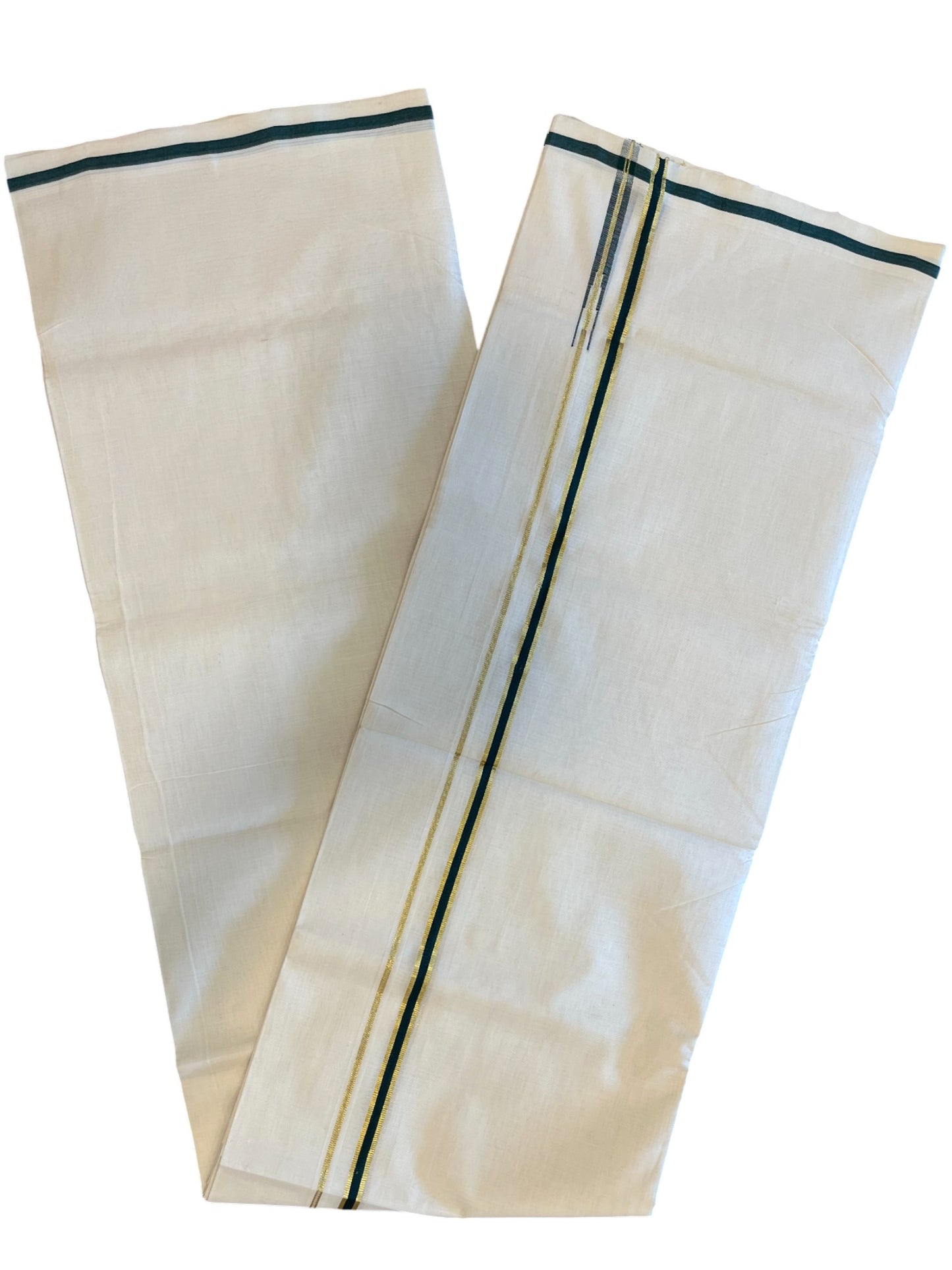 Southloom Premium Handloom Cotton Double Mundu with Golden and Green Border