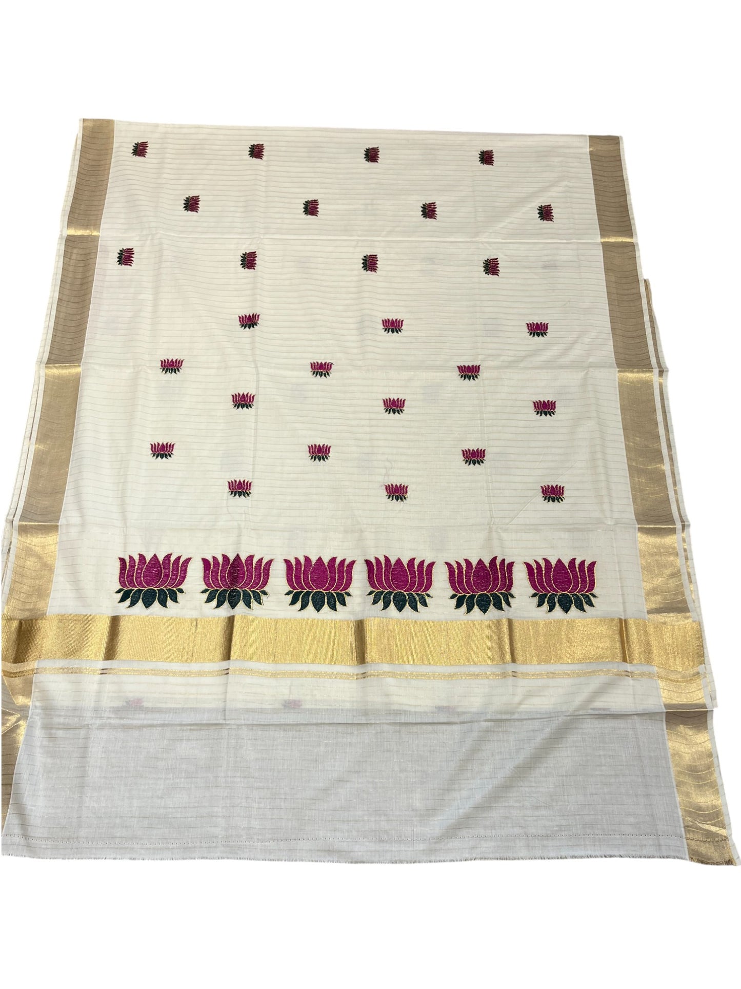 Southloom Kerala Cotton Kasavu Line Saree with Magenta Lotus Embroidery Works