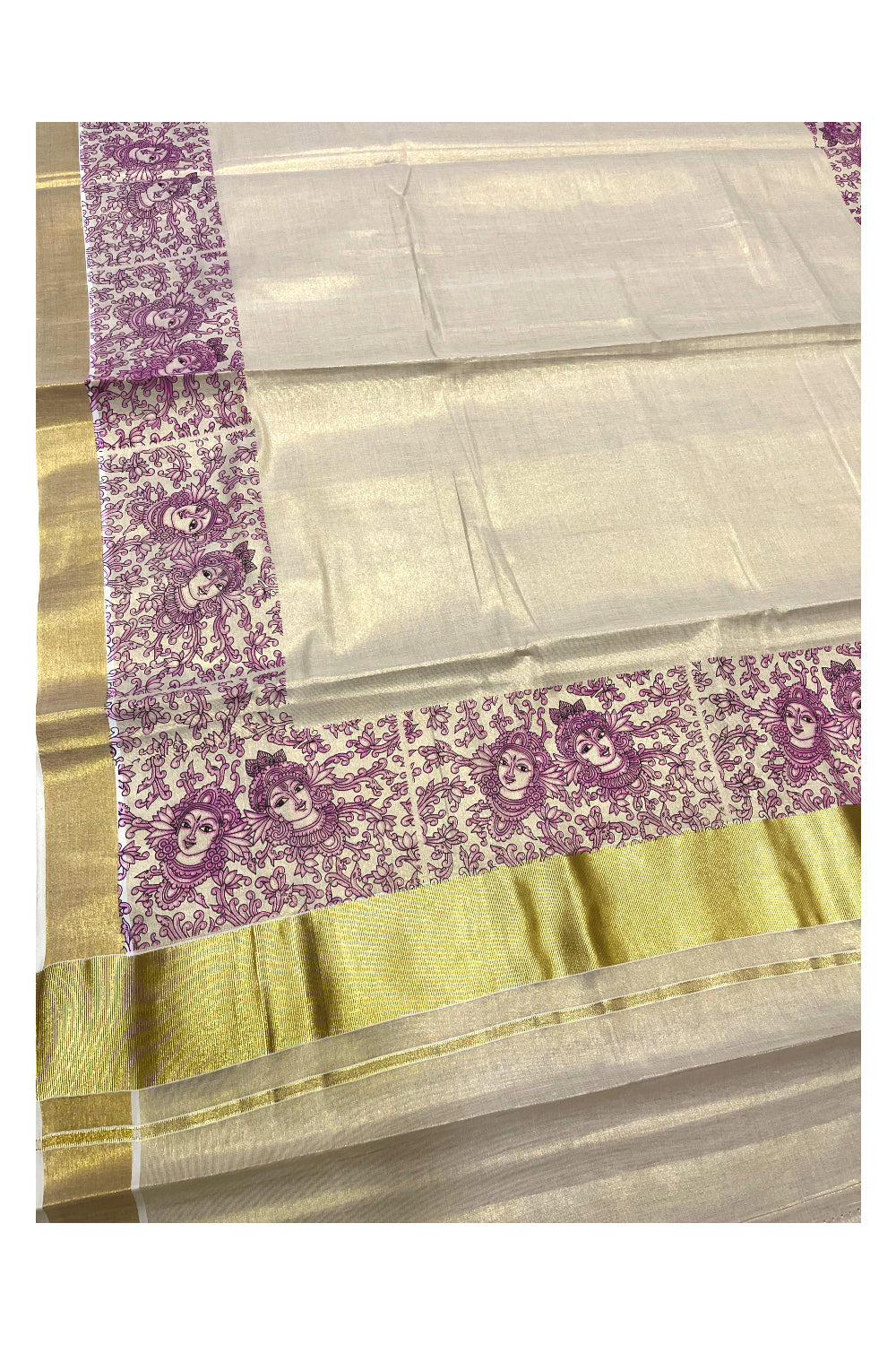 Kerala Tissue Kasavu Saree with Light Purple Krishna Radha Floral Prints on Border And Pallu. (Vishu 2024 Collection)