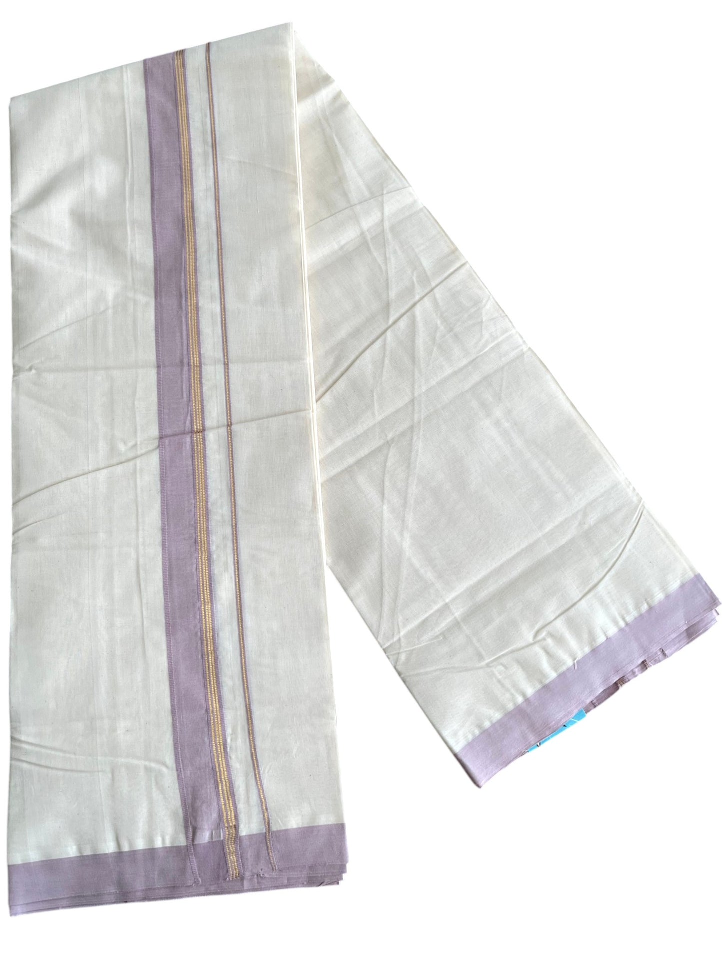 Southloom Pure Cotton Mundu with Golden Lines and Lavender Border (South Indian Kerala Dhoti)
