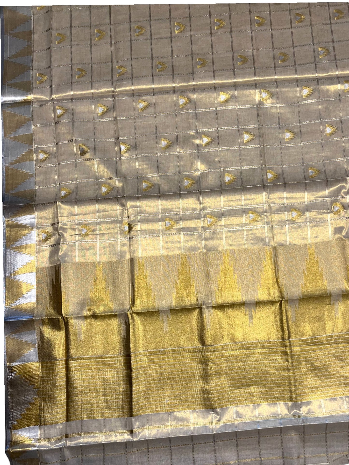 Southloom Kerala Tissue Kasavu Check Saree with Temple Border