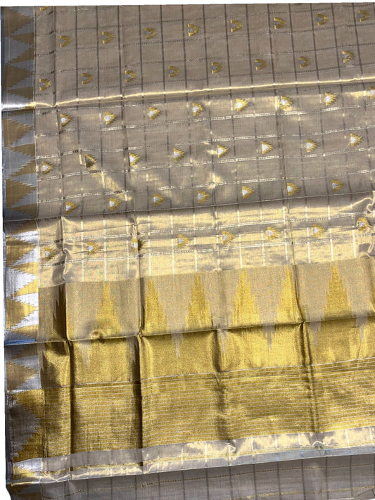 Southloom Kerala Tissue Kasavu Check Saree with Temple Border