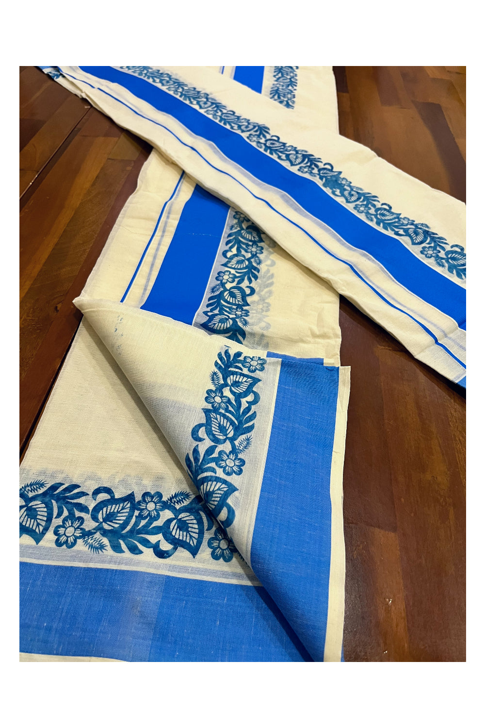 Kerala Pure Cotton Set Mundu Single (Mundum Neriyathum) with Blue Floral Block Prints