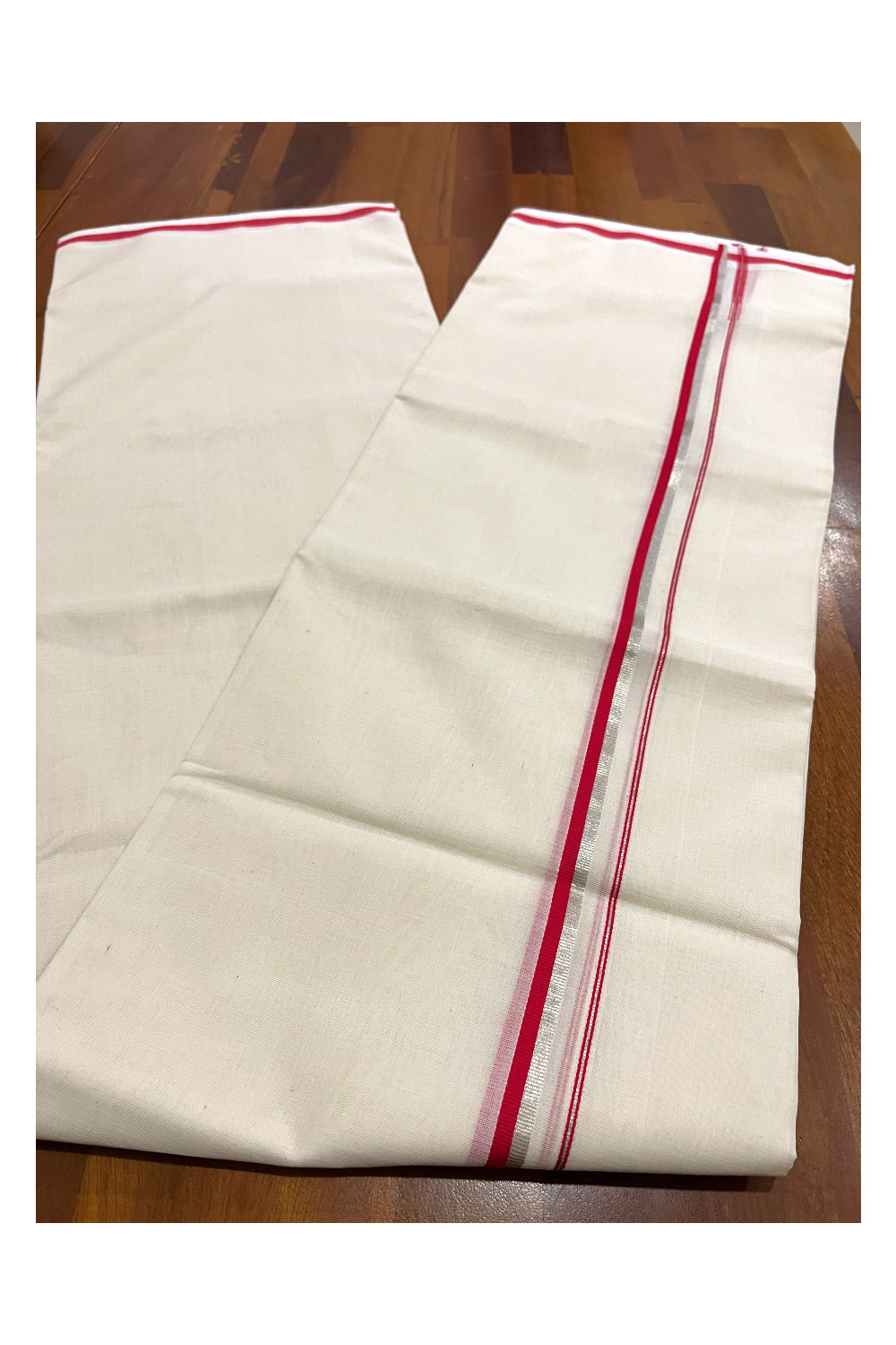 Southloom Premium Balaramapuram Unakkupaavu Handloom Mundu with Red and Silver Kasavu Border (South Indian Kerala Dhoti)