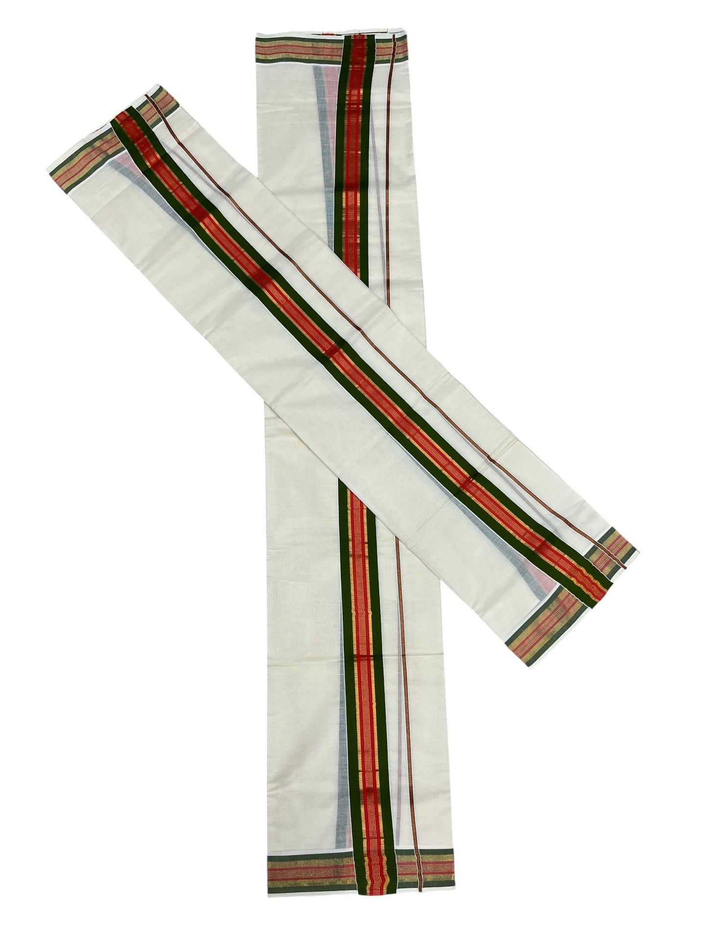 Kerala Cotton Single Set Mundu (Mundum Neriyathum) with Green and Orange Kasavu Border in 2.80 Mtrs