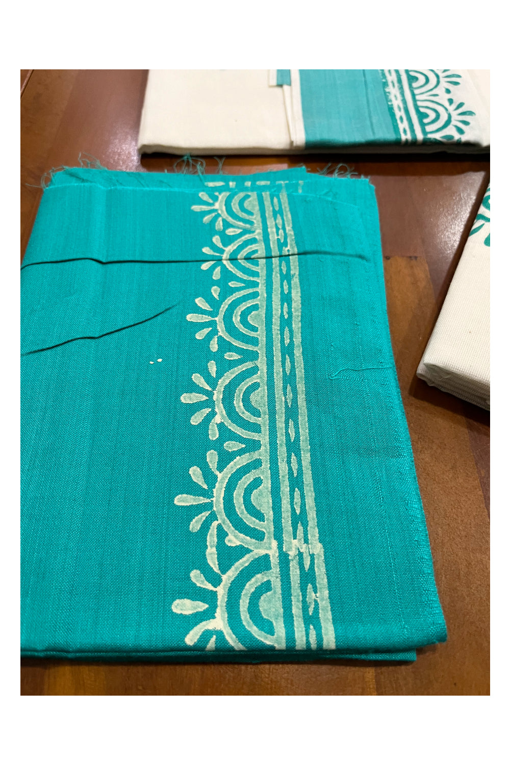 Pure Cotton Kerala Single Set Mundu (Mundum Neriyathum) with Block Printed Border and Turquoise Blouse Piece