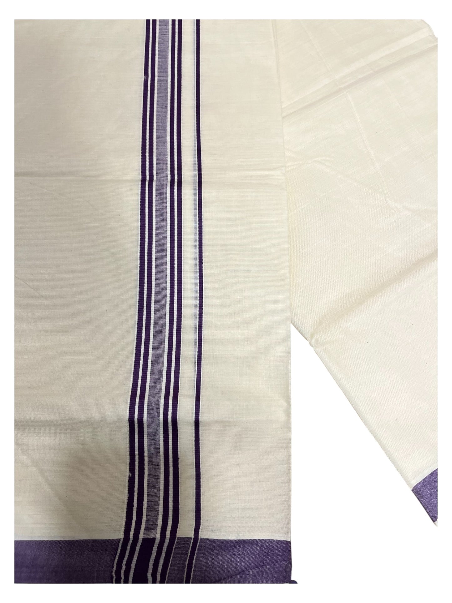 Southloom Pure Cotton Double Mundu With White Lines &Violet Border (South Indian Kerala Dhoti)