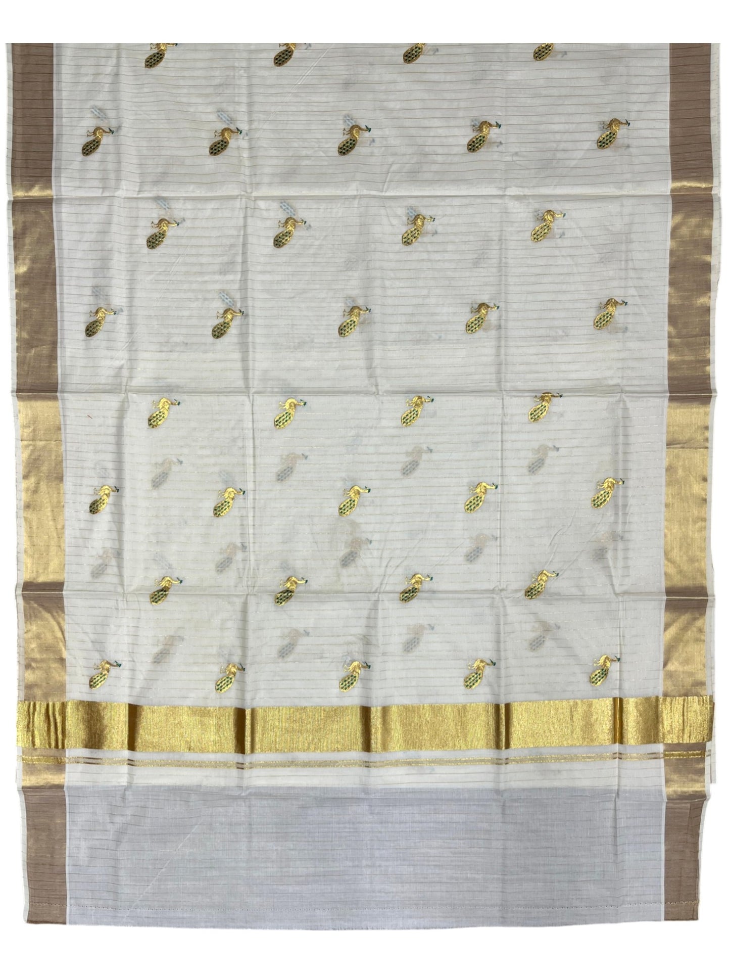 Southloom Cotton Kerala Kasavu Lines Saree with Peacock Embroidery Work on Body in Peacock Green