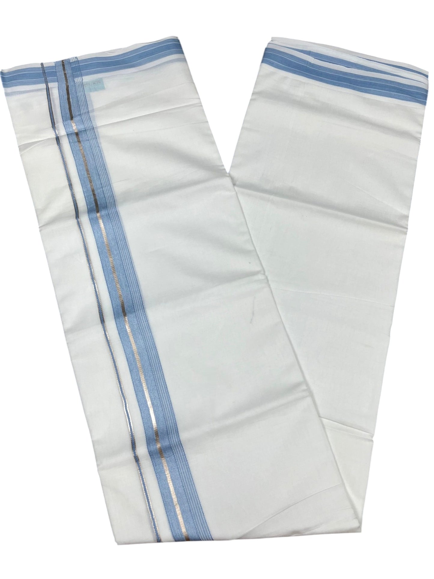 Southloom Kerala Pure White Cotton Double Mundu with Silver Line & Blue Border (South Indian Dhoti)
