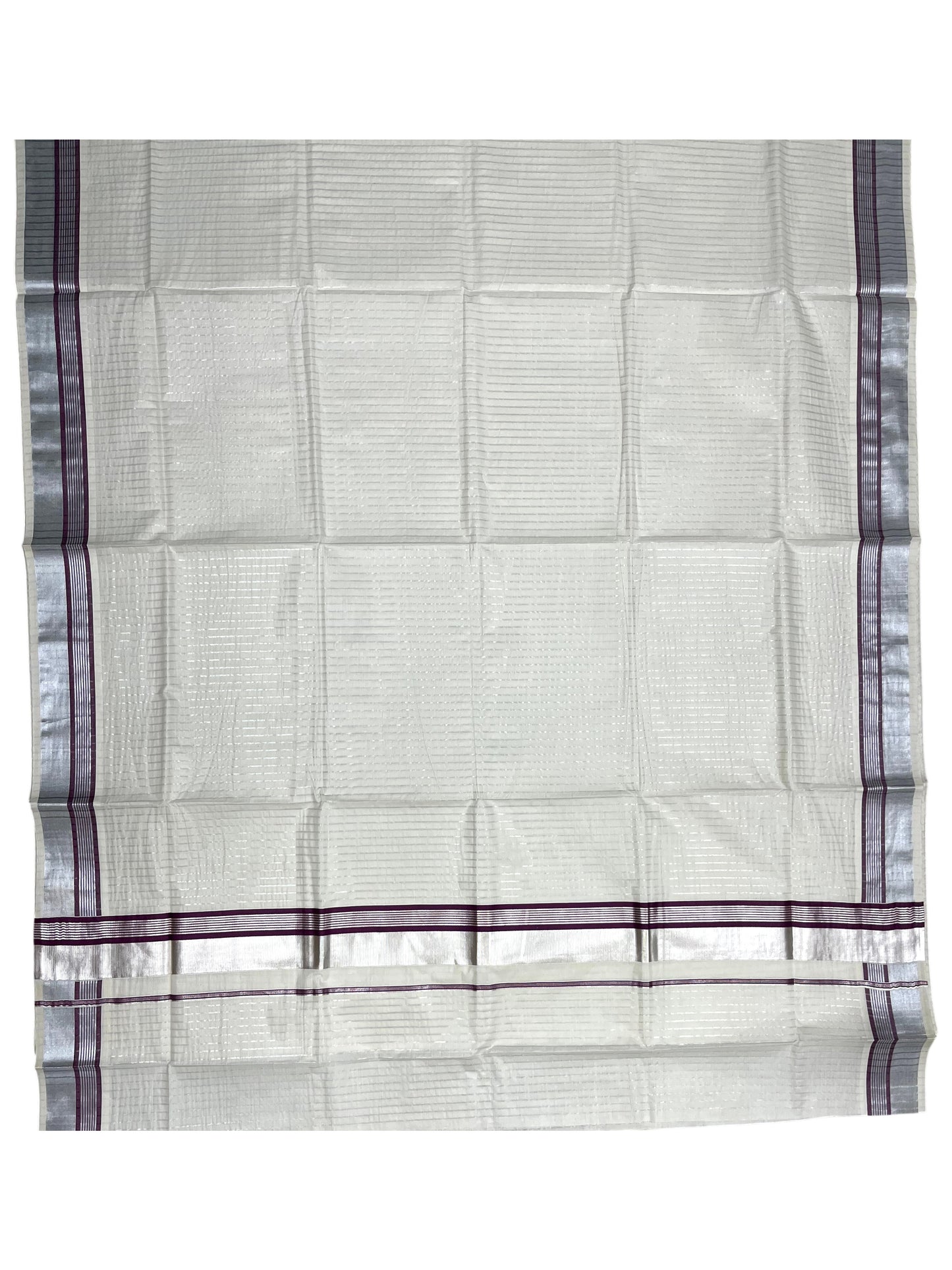 Southloom Pure Cotton Kerala Silver Kasavu Lines Saree with Purple and Silver Border