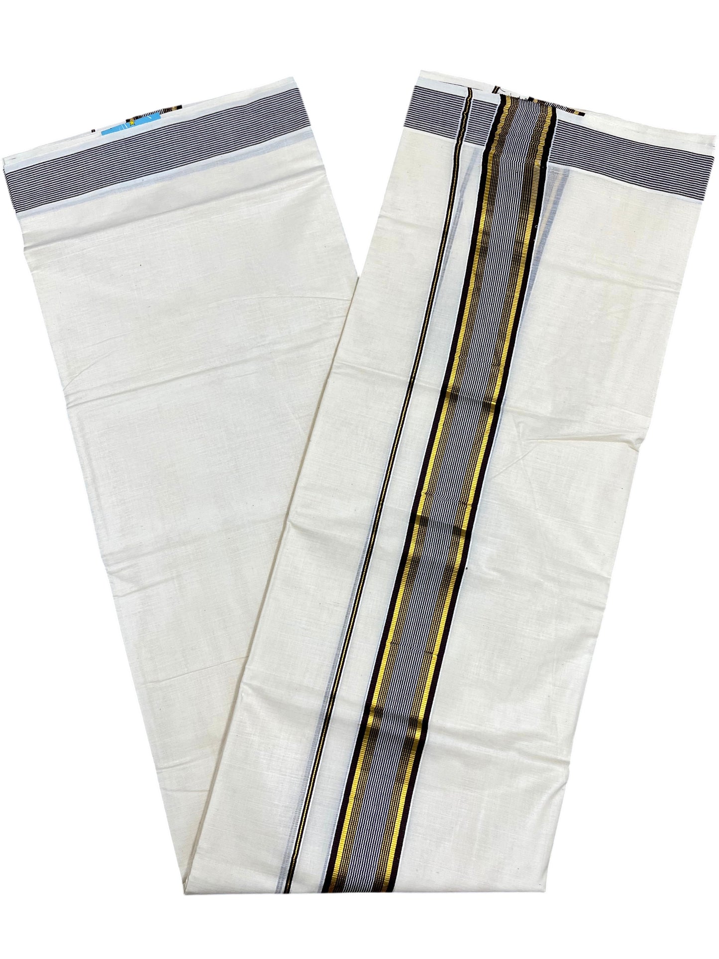 Southloom Pure Cotton Mundu with Gold lines& Brown Border (South Indian Kerala Dhoti)