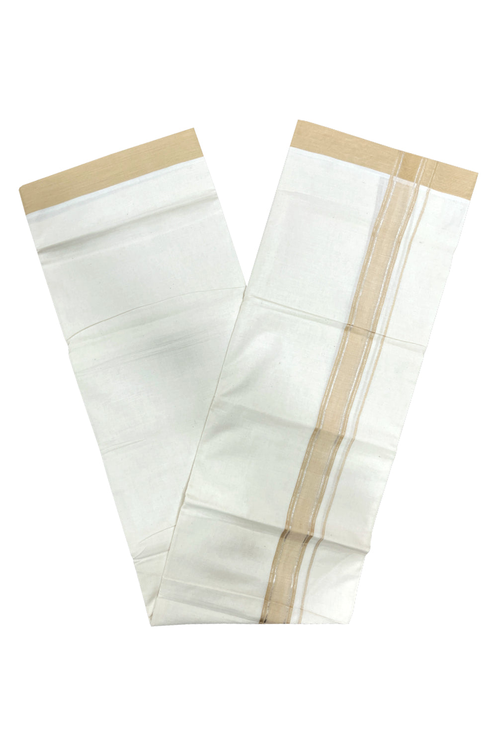 Pure Cotton Double Mundu with Silver Kasavu and Beige Border (South Indian Kerala Dhoti)