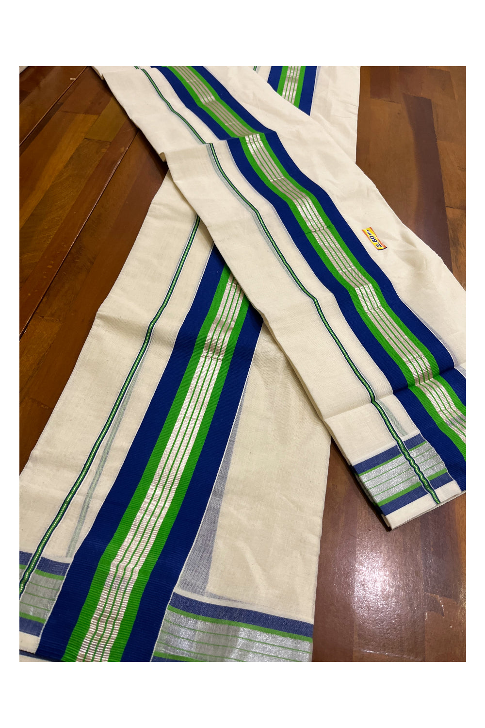 Kerala Cotton Silver Kasavu Set Mundu (Mundum Neriyathum) with Blue and Light Green Border 2.80 Mtrs