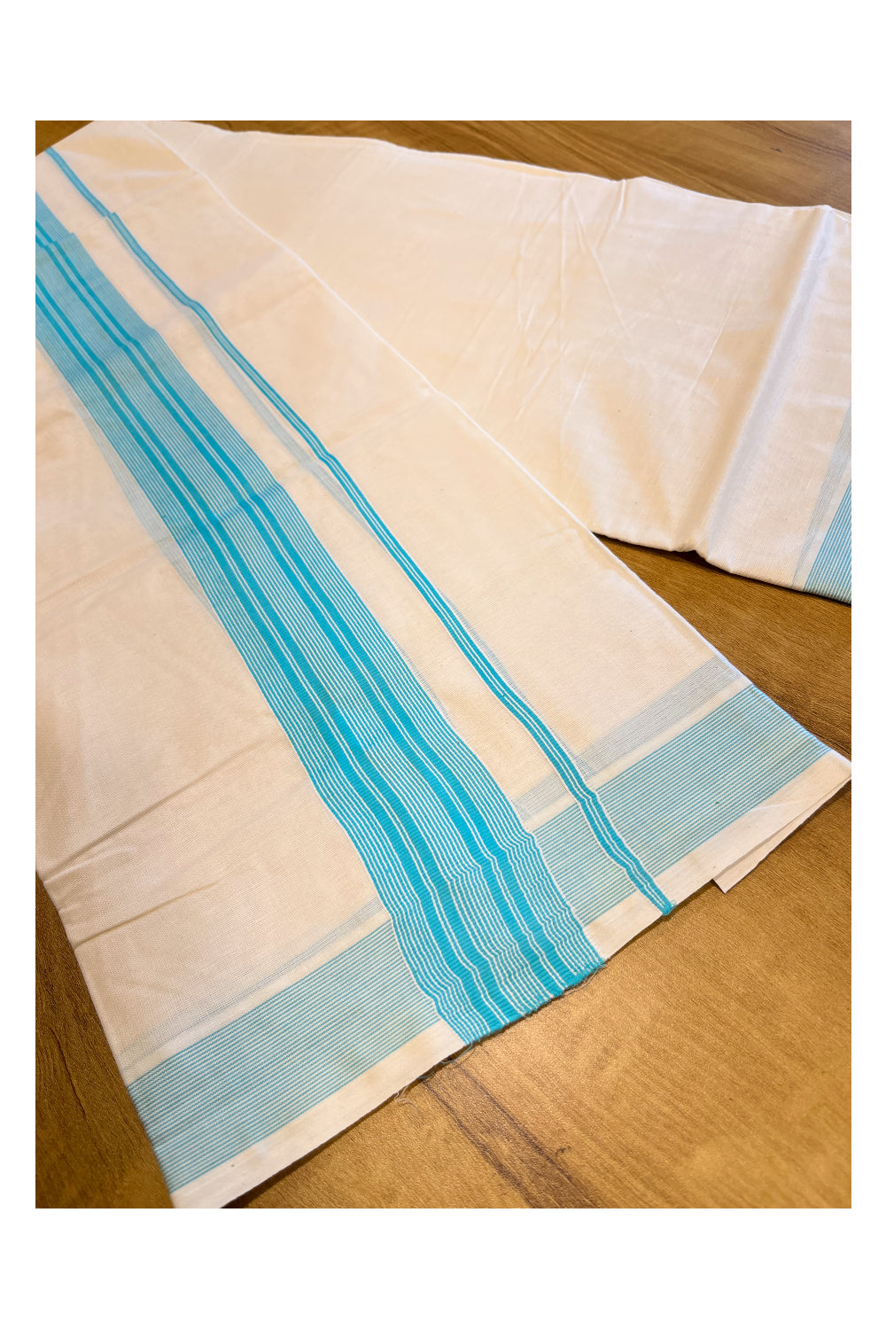 Pure Cotton Mundu with White Lines and Blue Border (South Indian Kerala Dhoti) (