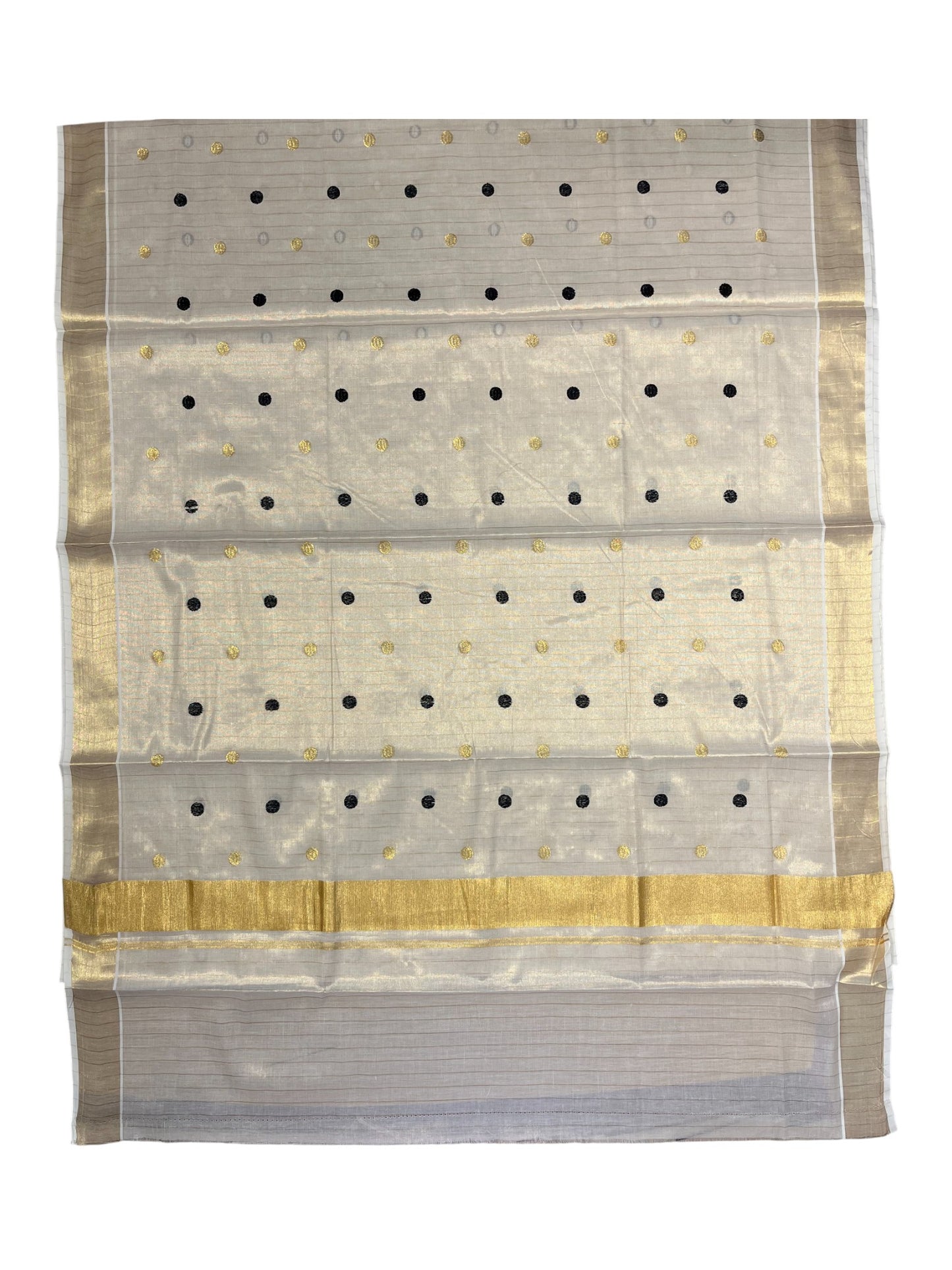 Southloom Kerala Tissue Kasavu Saree with Gold& Black Polka Embroidery Works on Body