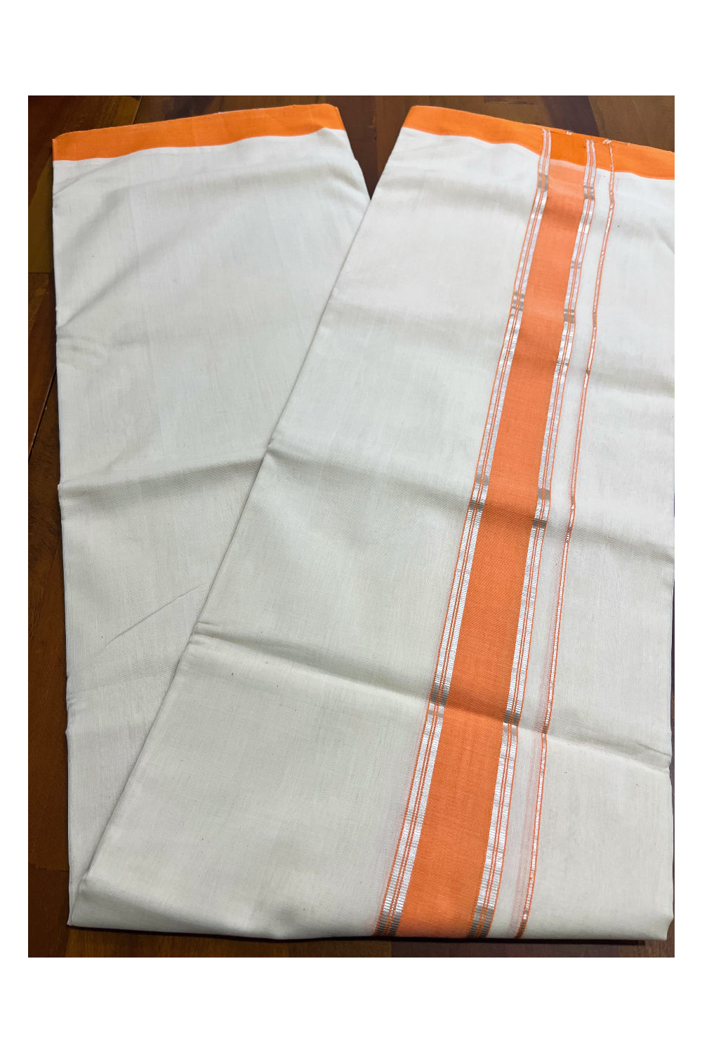 Premium Balaramapuram Handloom Unakkupaavu Cotton Double Mundu with Orange and Silver Kasavu Border (Vishu 2024 Collection)