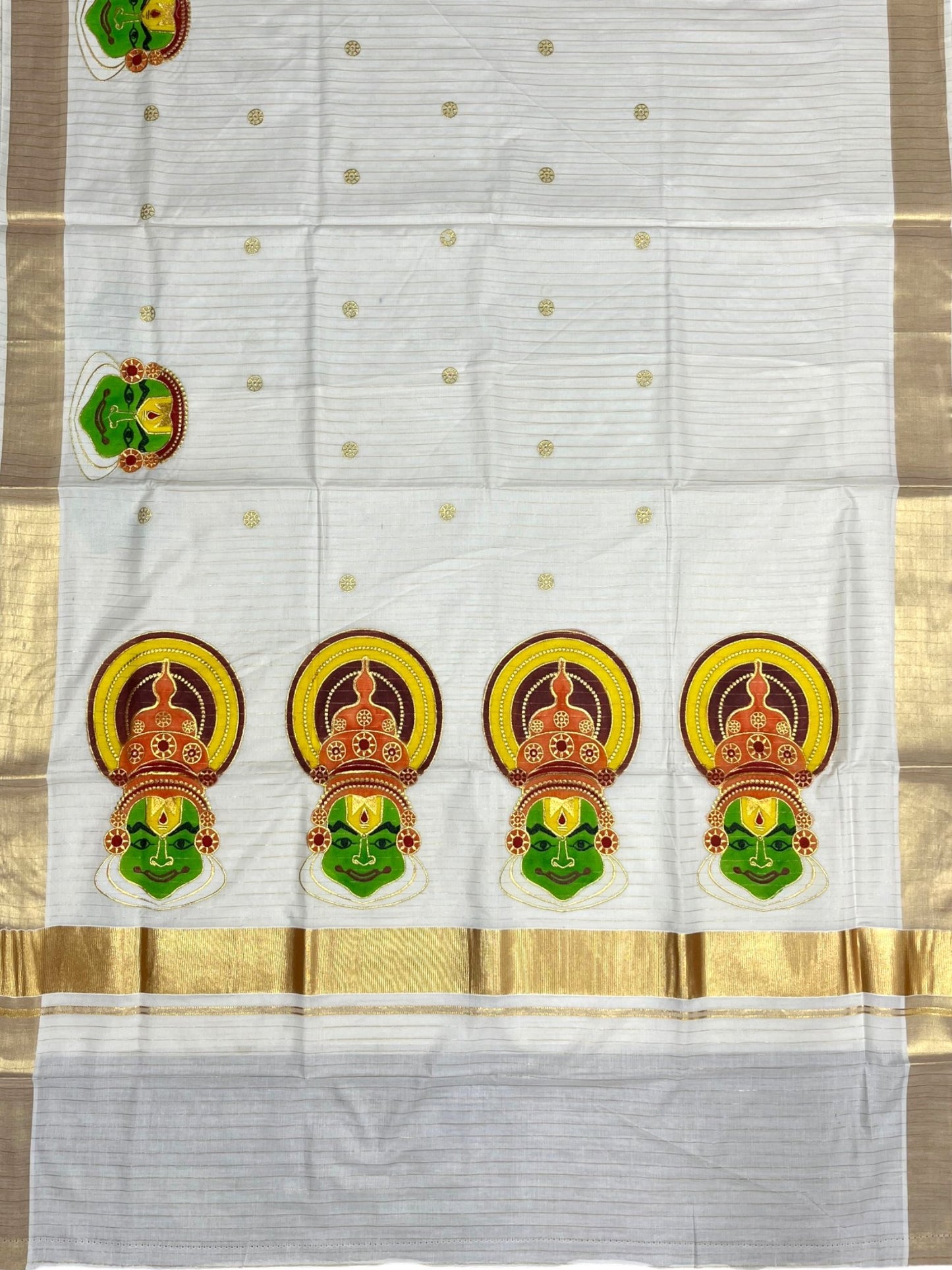 Southloom Kerala Cotton Kasavu Lines Saree with Kathakali Embroidery Design SL339